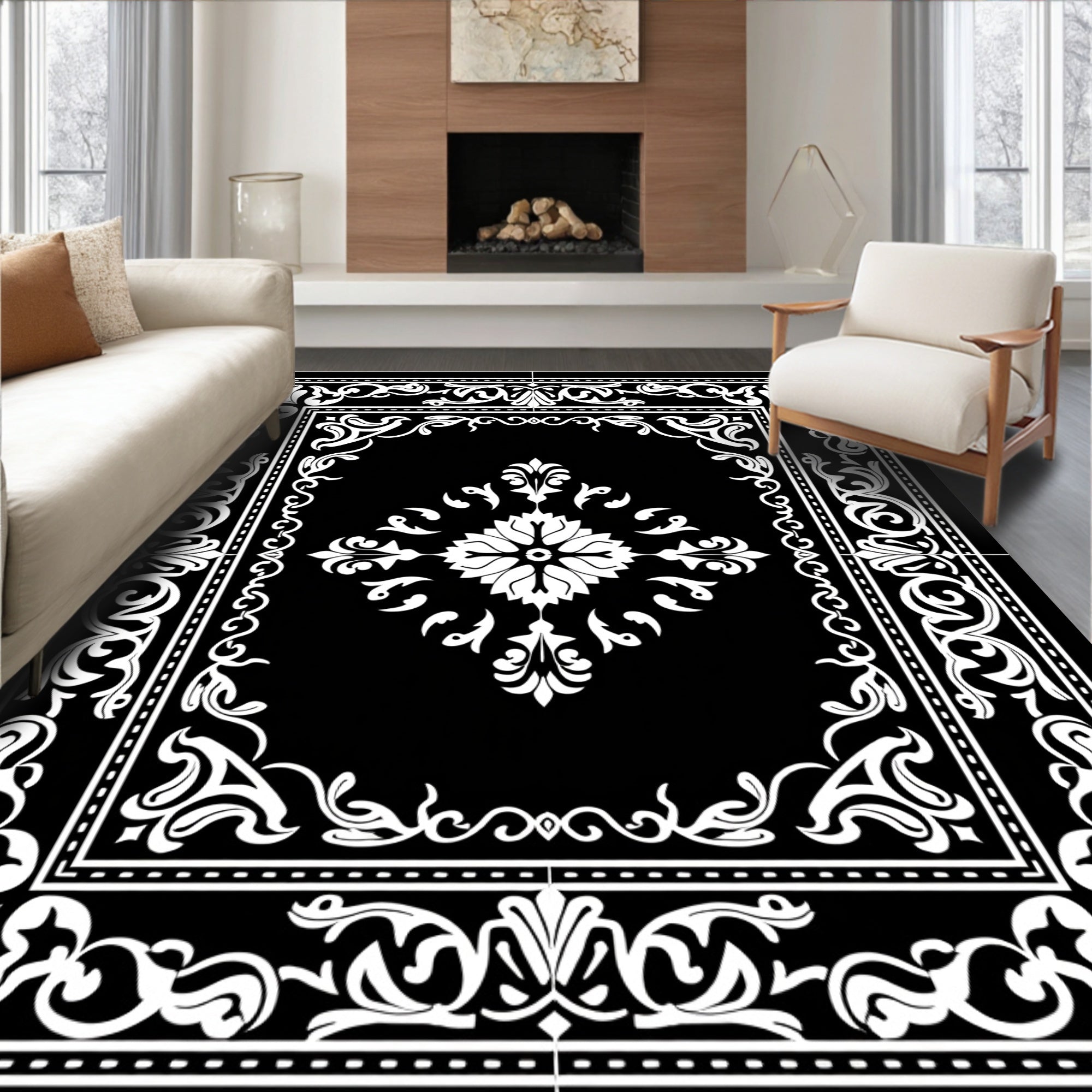 Modern Intricate Floral Swirl Border Rug