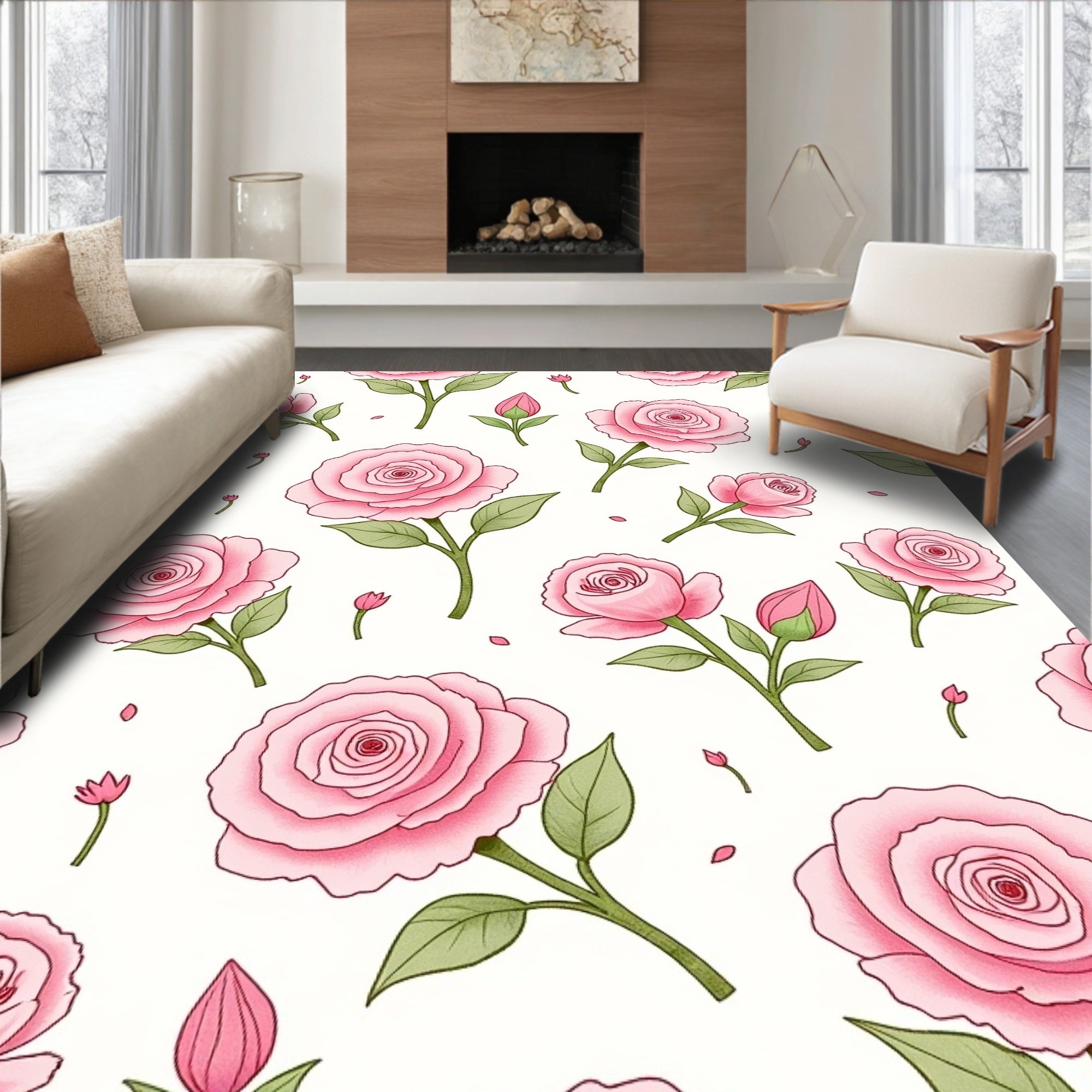 Pink Rose Blossom Botanical Pattern Rug