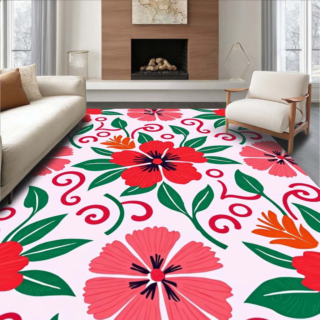 Bold Red Floral And Leaf Design Rug