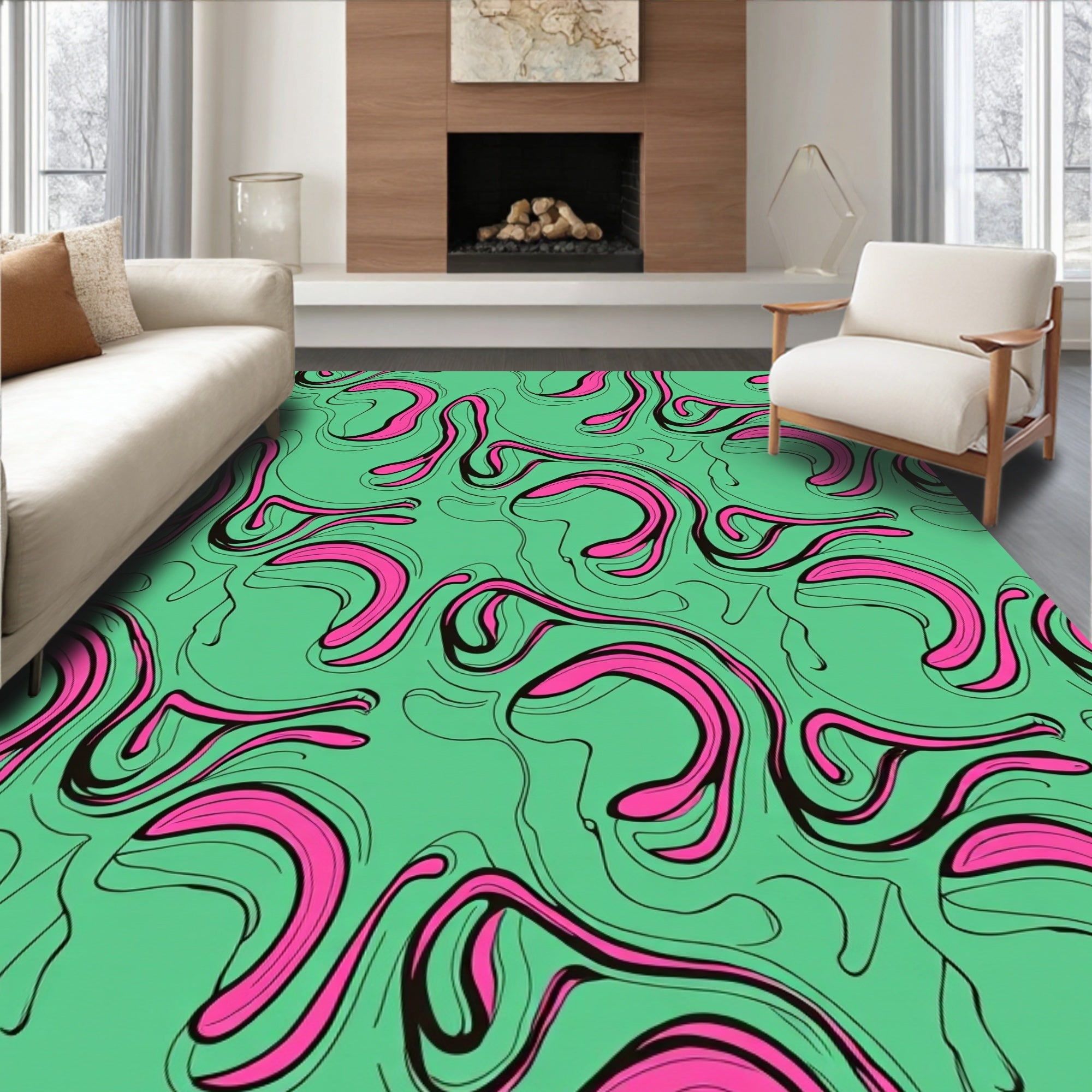 Abstract Swirls Pink Green Pattern Rug