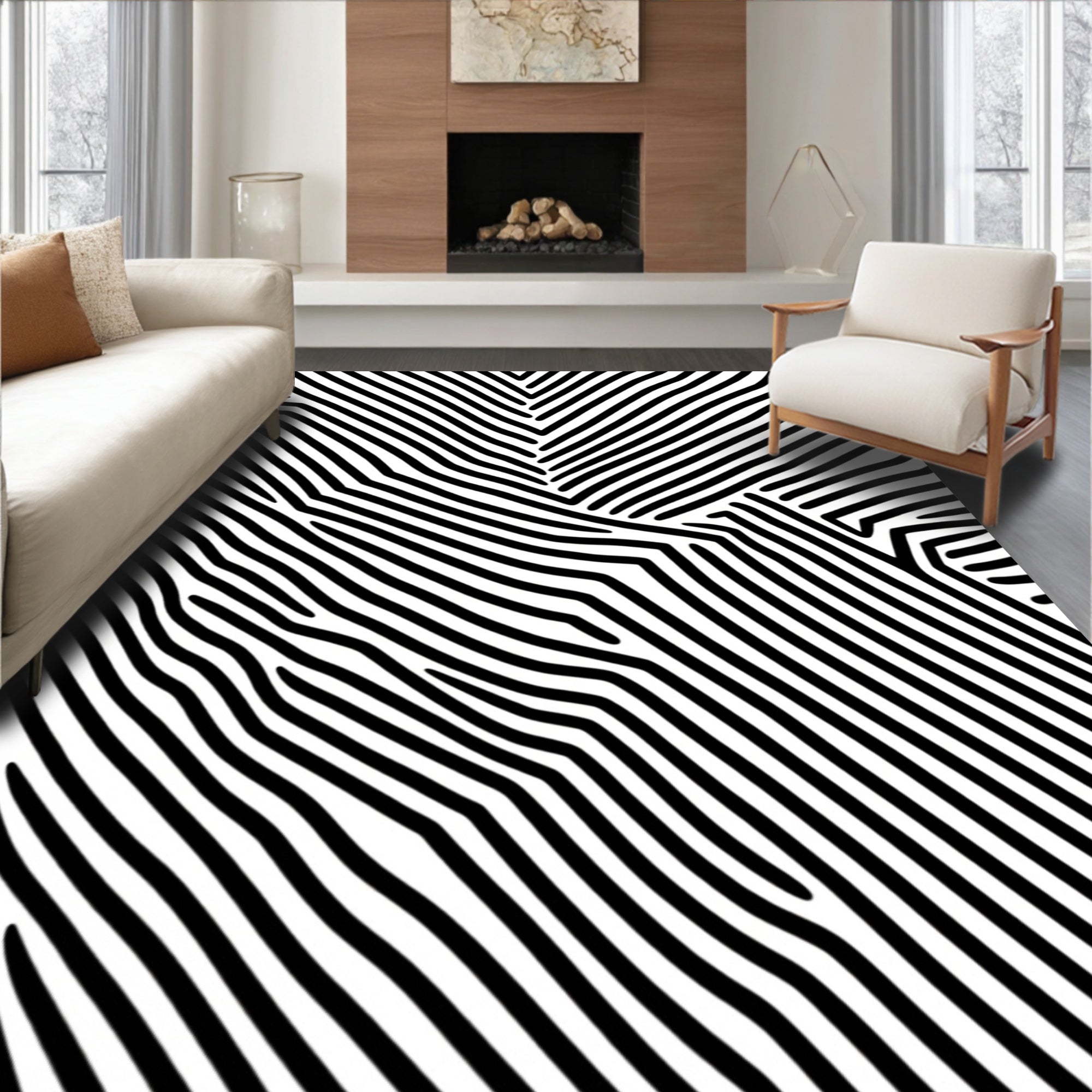 Abstract Black and White Linear Pattern Rug