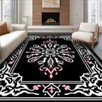 Black White Pink Floral Medallion Border Rug