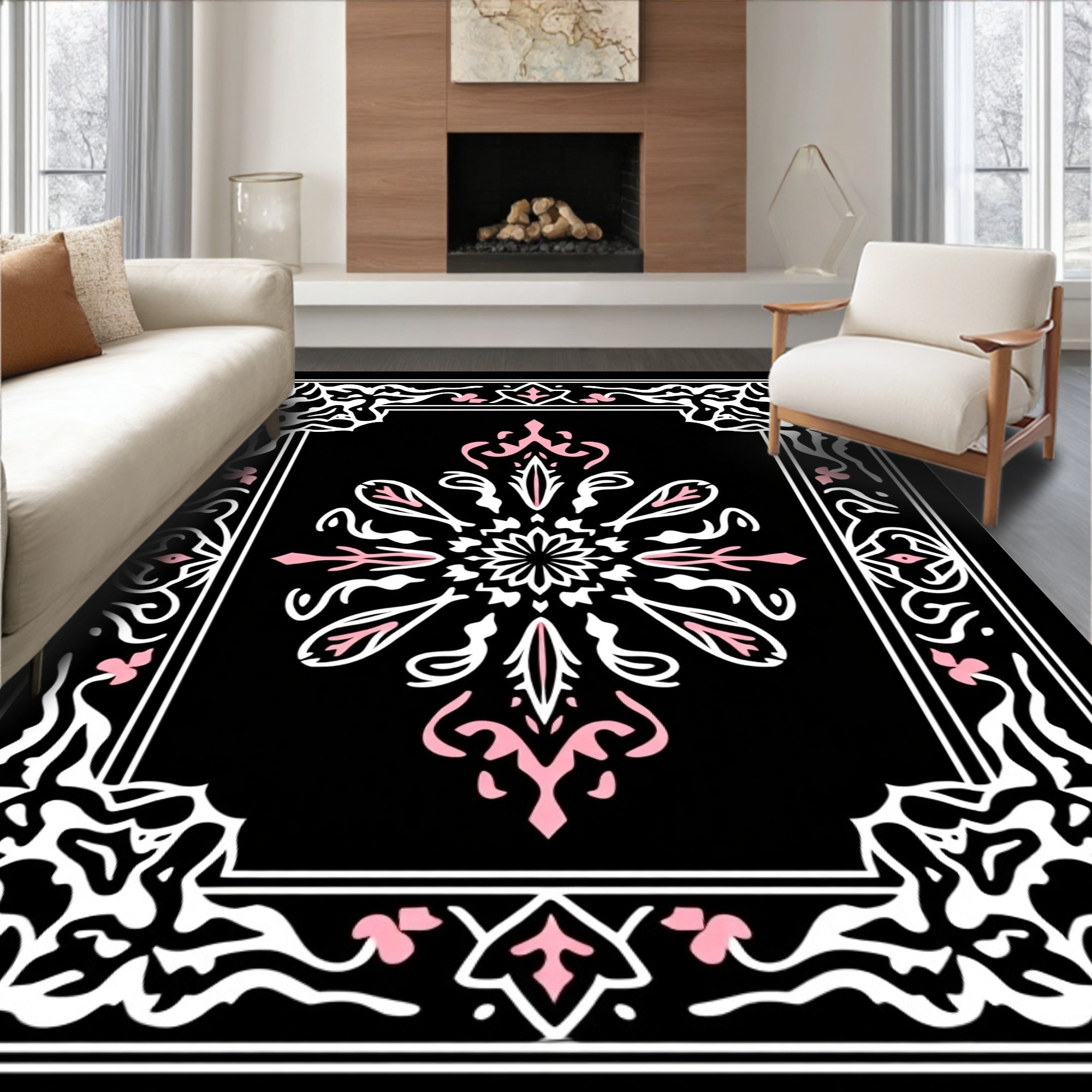 Black White Pink Floral Medallion Border Rug