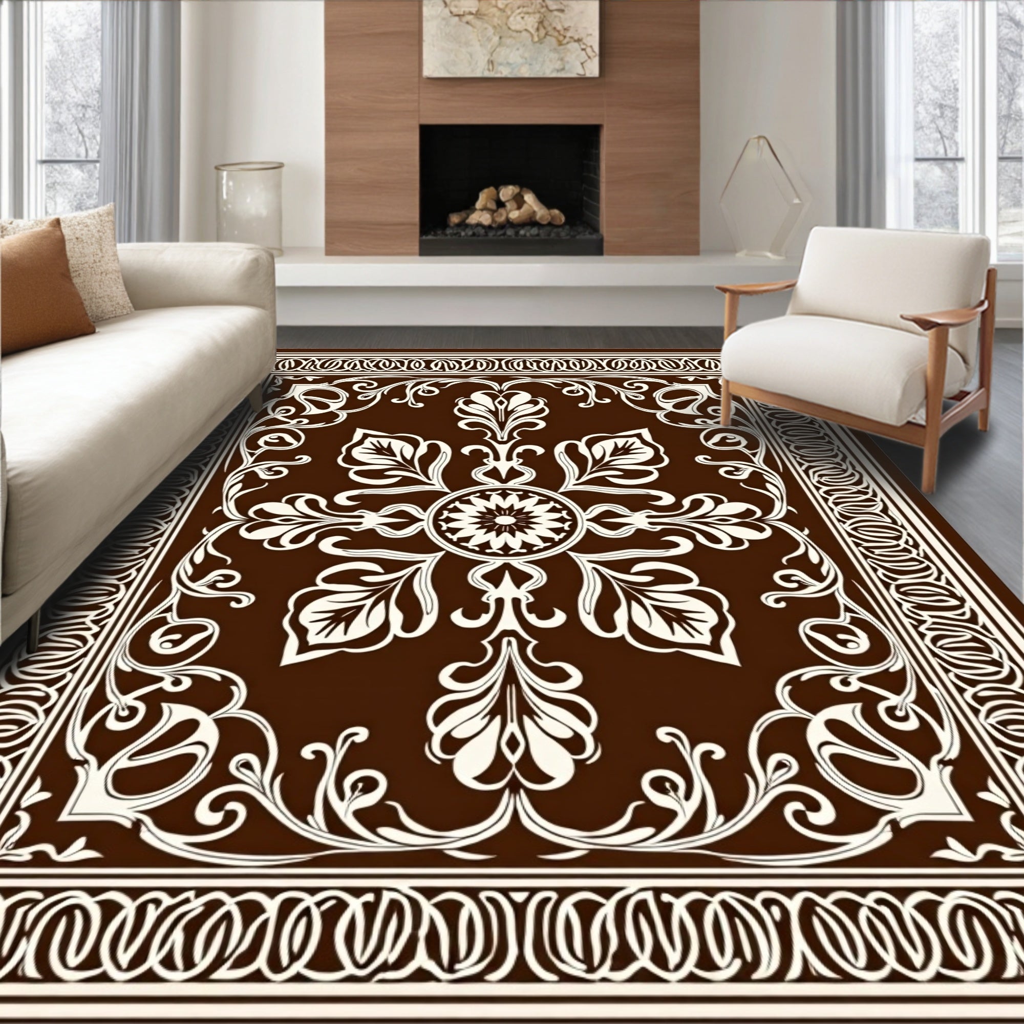 Rich Brown Floral Mandala Pattern Rug