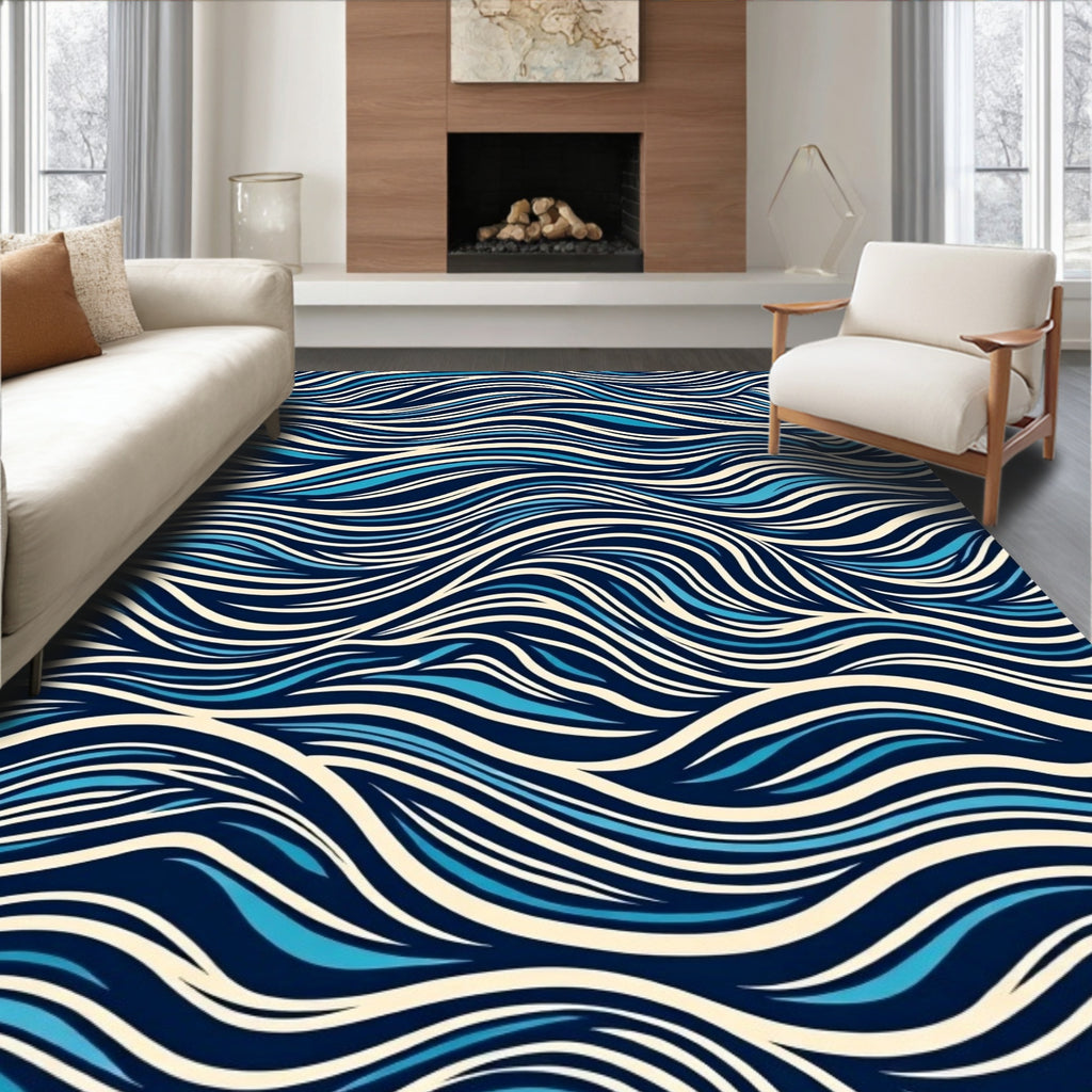 Modern Blue Cream Wave Pattern Rug