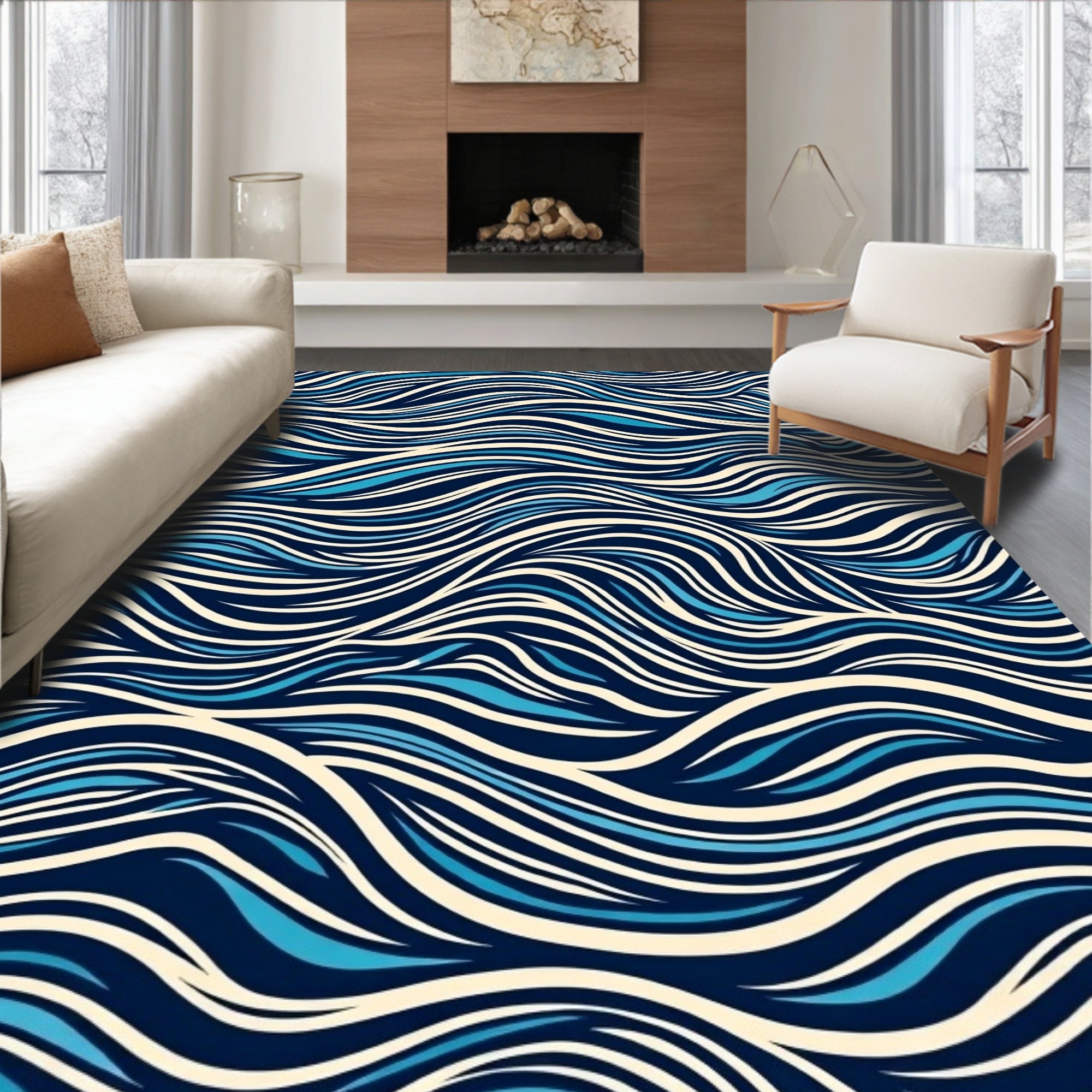 Modern Blue Cream Wave Pattern Rug