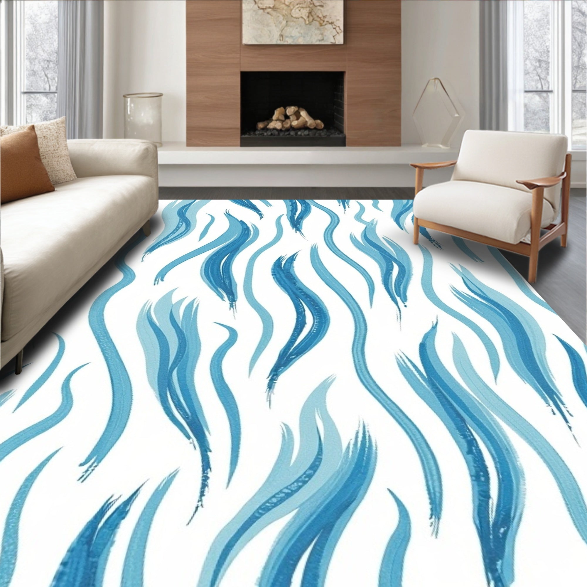 Abstract Blue Wavy Brushstrokes Pattern Rug