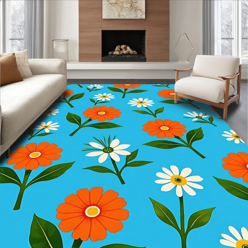 Orange White Flower Pattern Rug