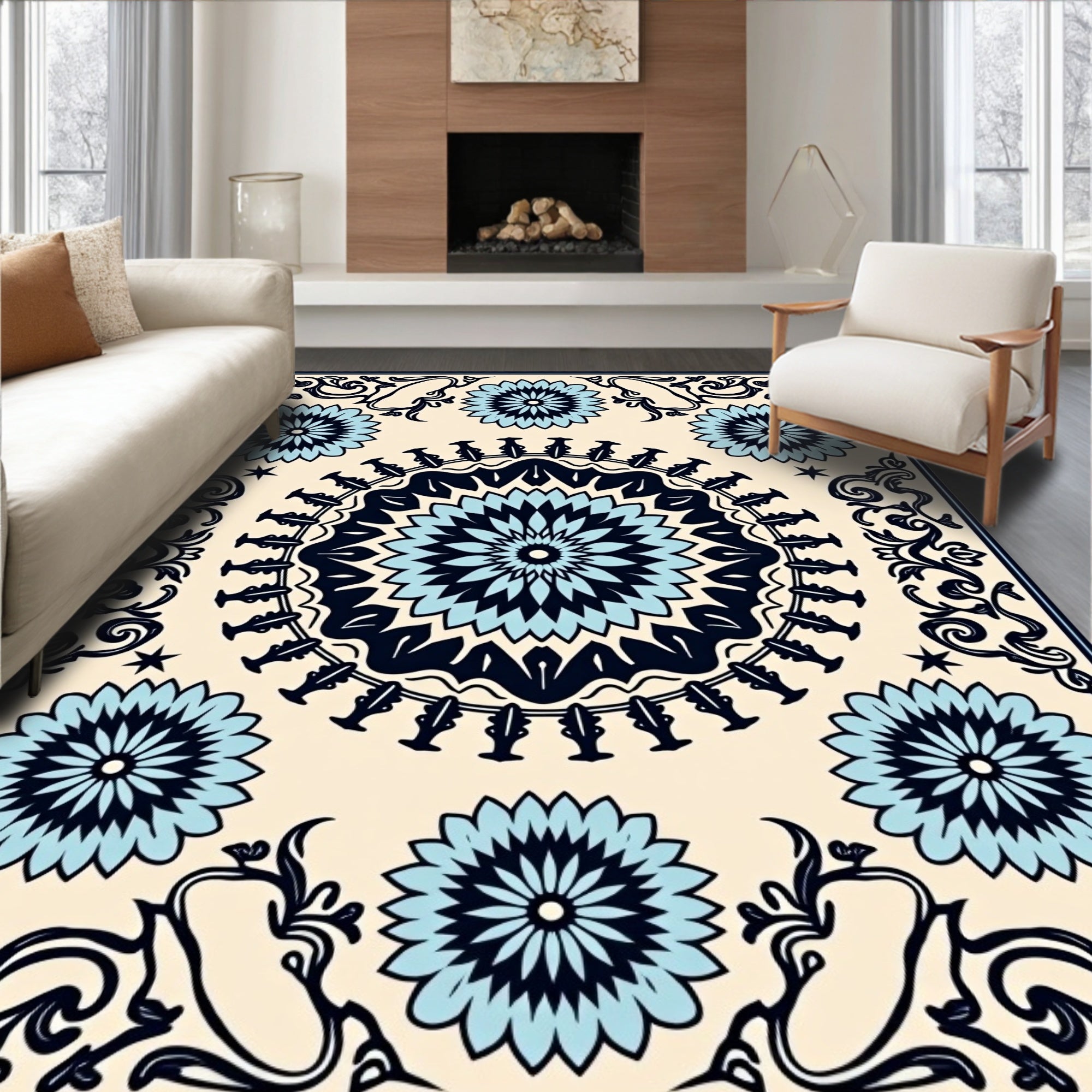 Floral Mandala Medallion Blue Black Rug