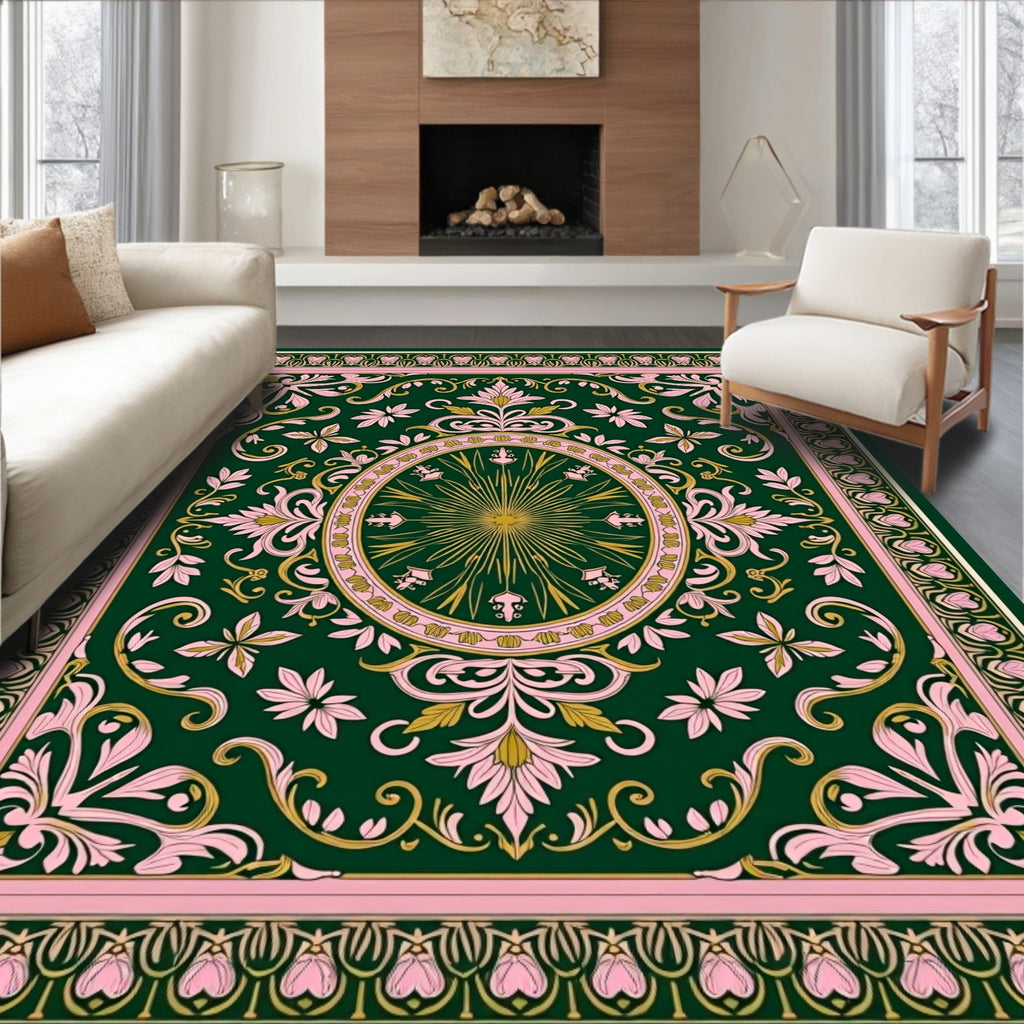 Rich Green Floral Gold Sunburst Rug