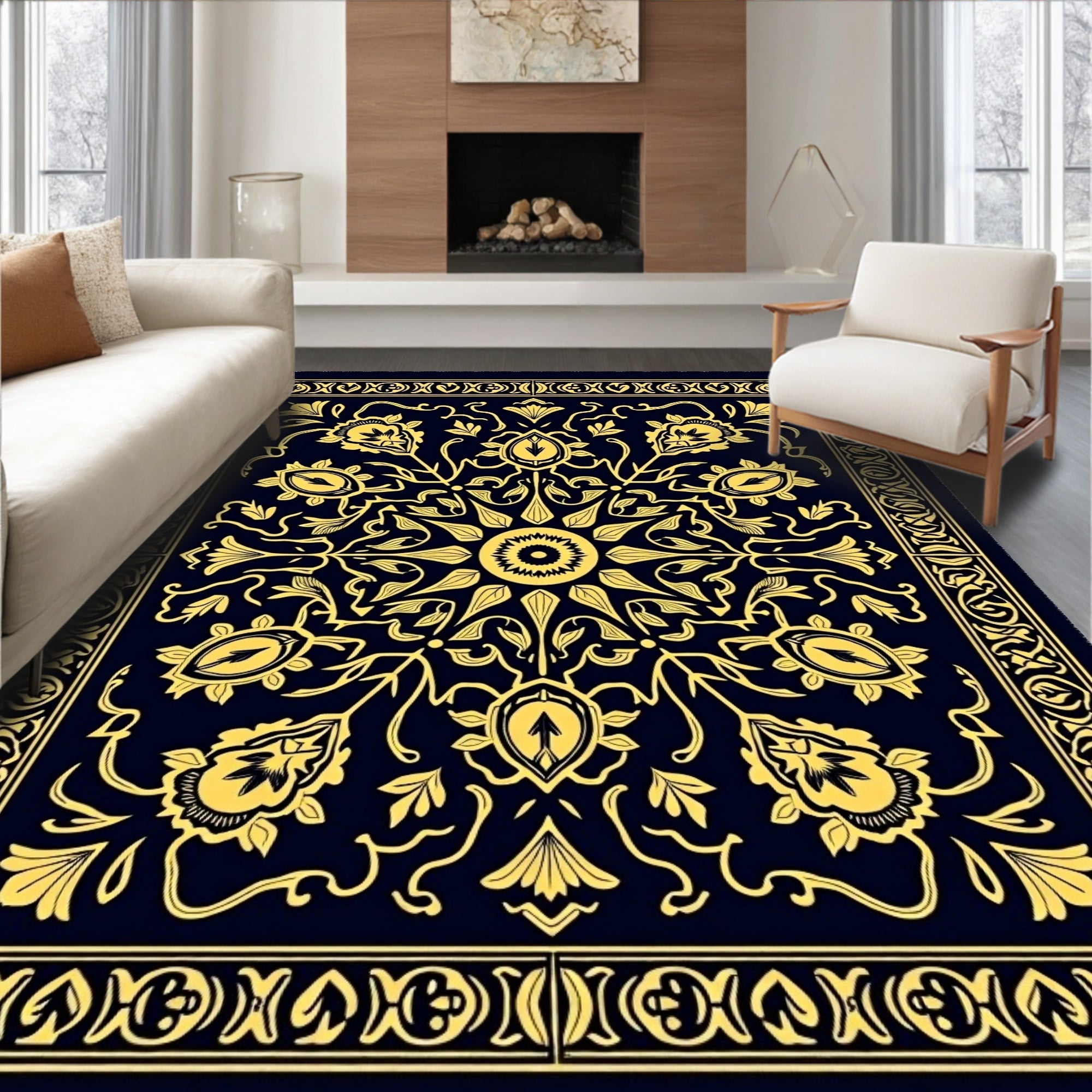Elegant Gold Floral Swirl Pattern Rug