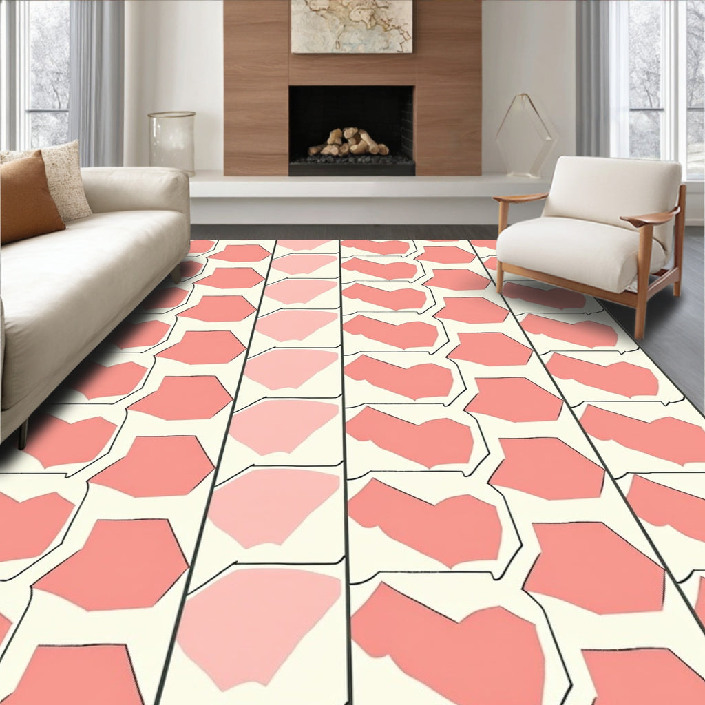 Coral Pink Geometric Block Pattern Rug
