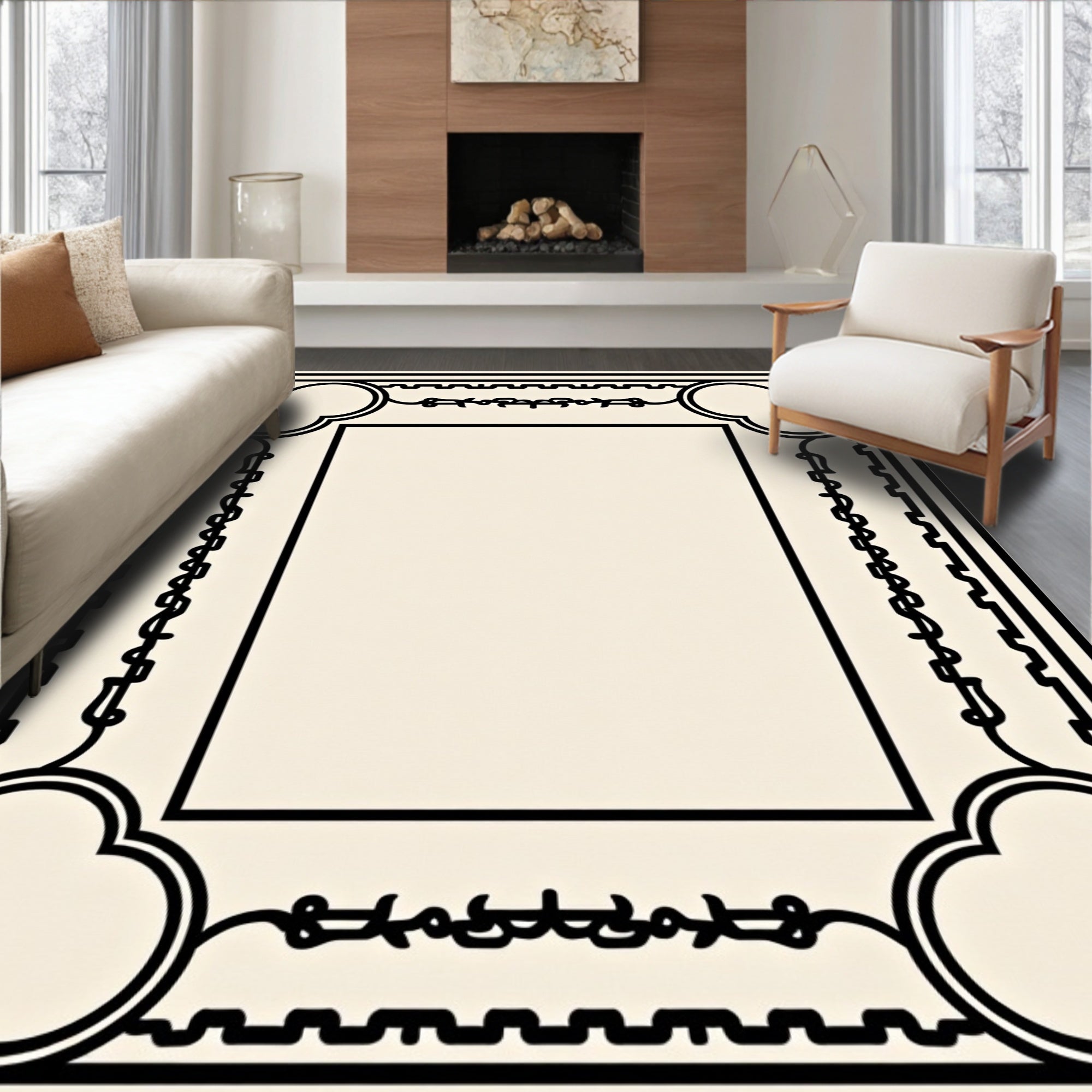 Art Deco Black Ivory Geometric Floral Rug
