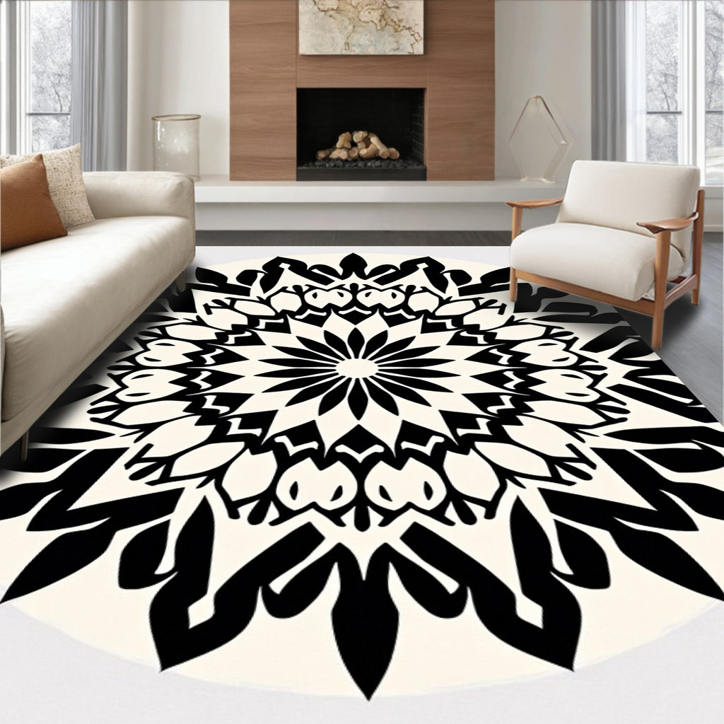 Striking Black White Mandala Motif Rug