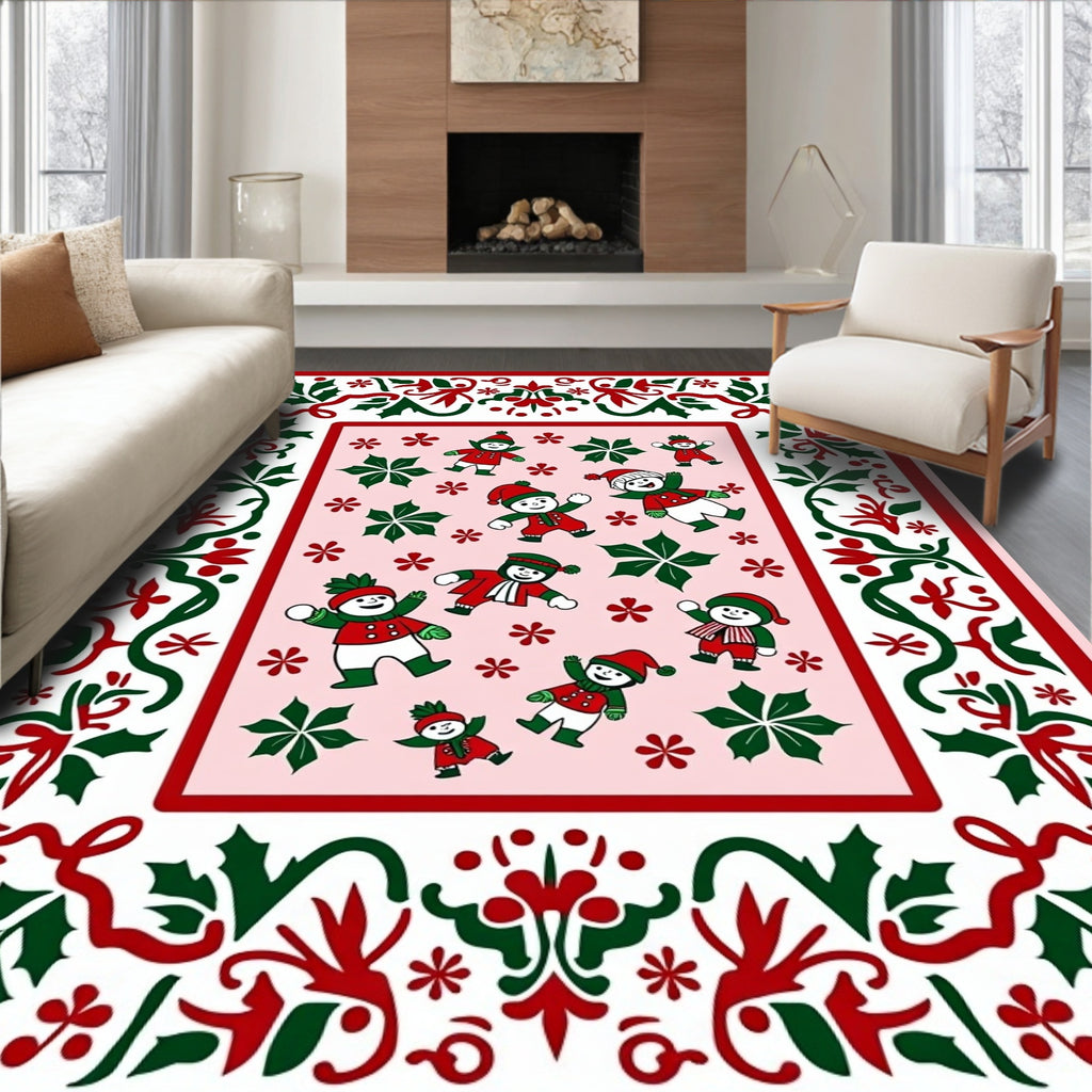 Festive Red Green Christmas Snowman Border Rug