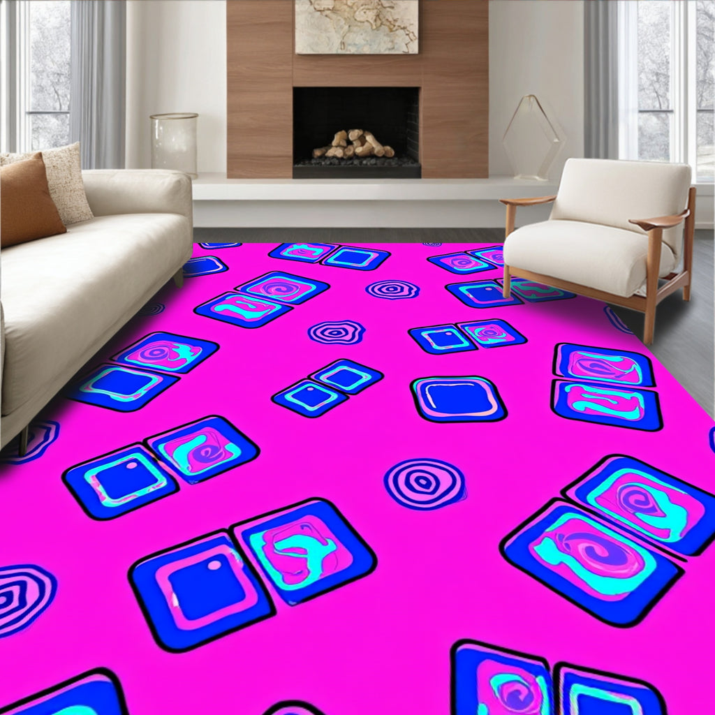 Bold Blue Swirl Squares Pattern Rug