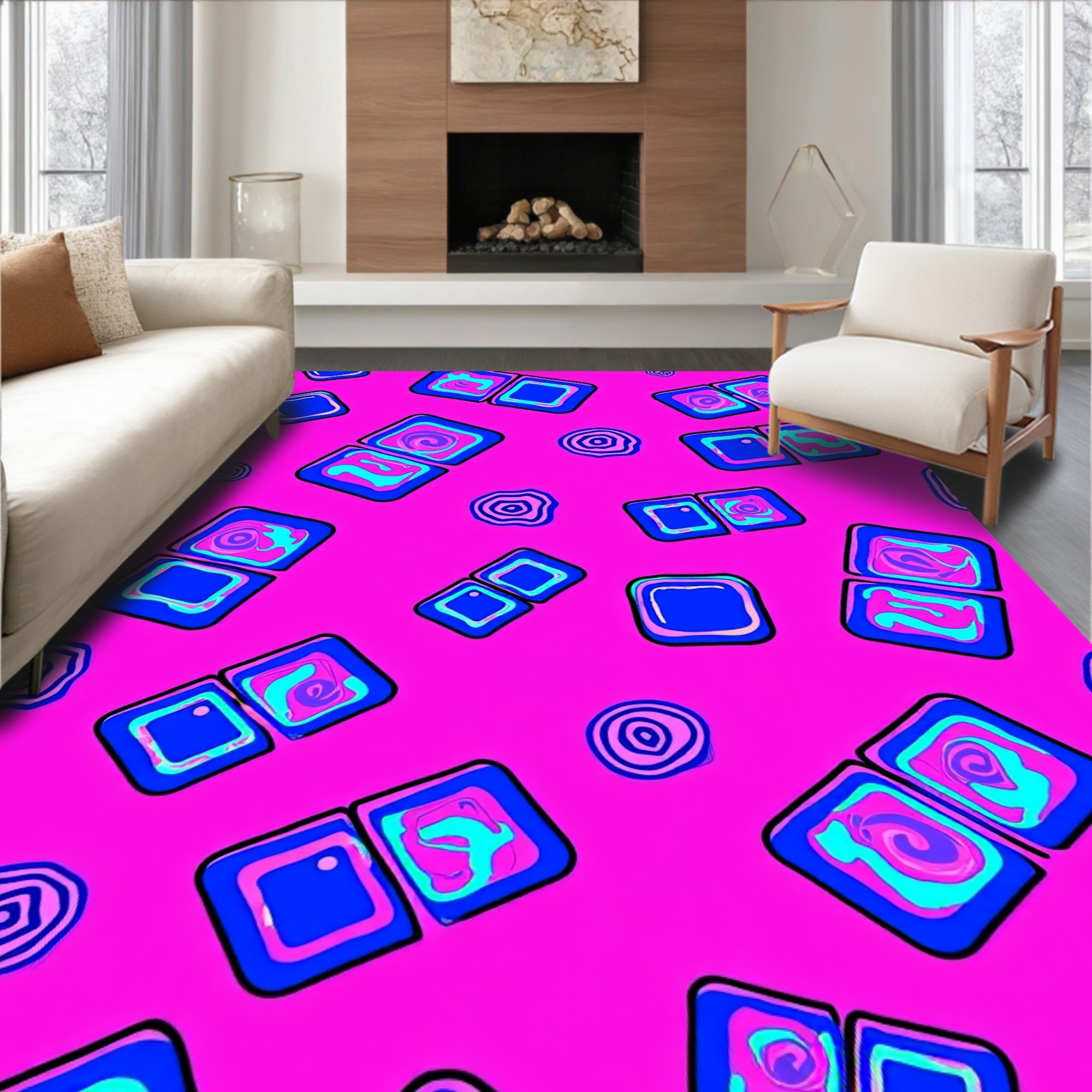 Bold Blue Swirl Squares Pattern Rug
