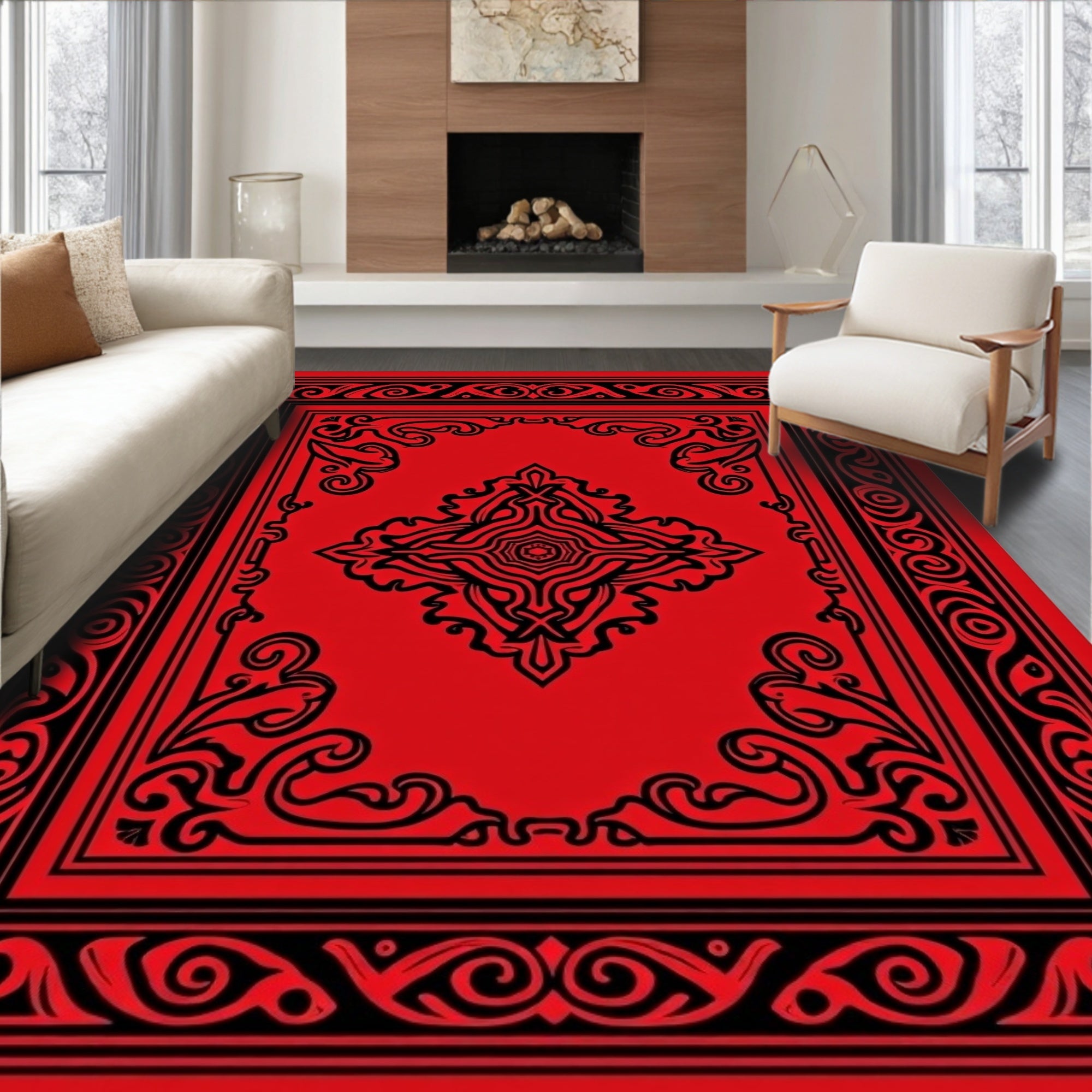 Intricate Red Black Ornamental Pattern Rug