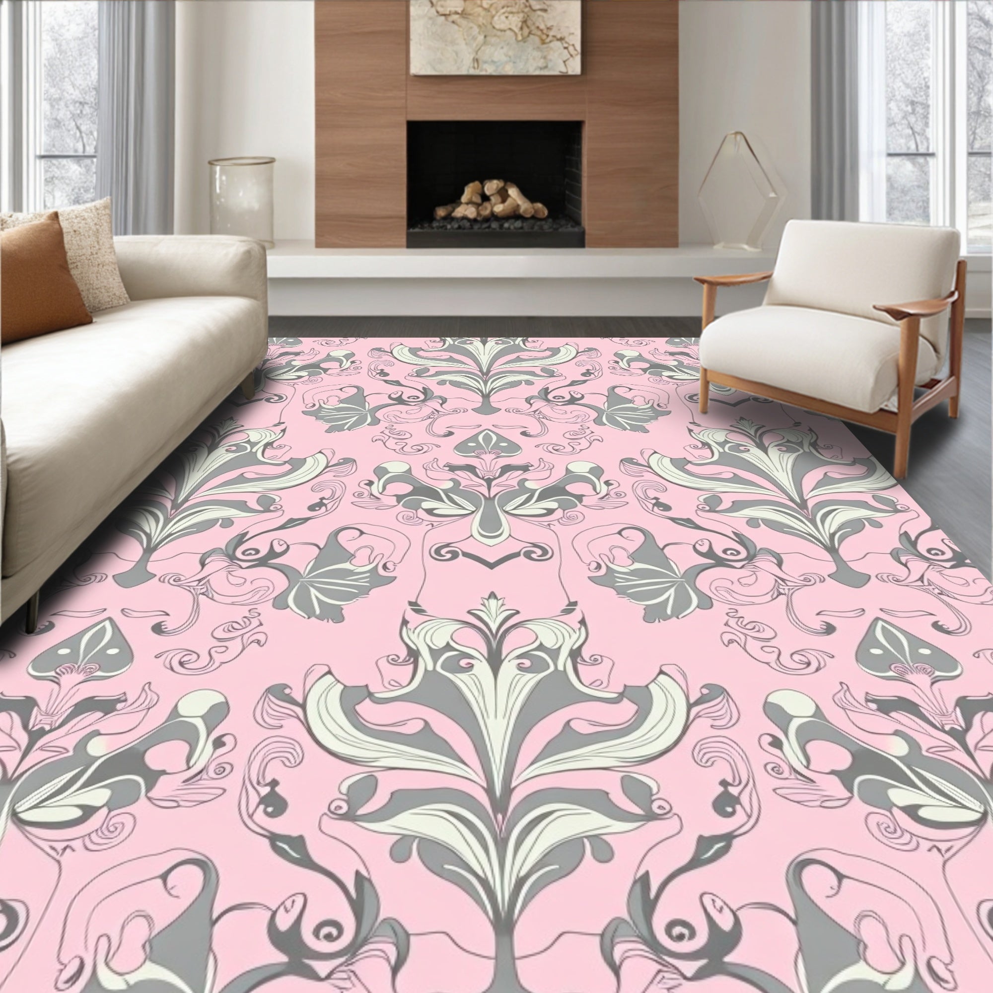 Elegant Grey Floral Damask Pattern Rug