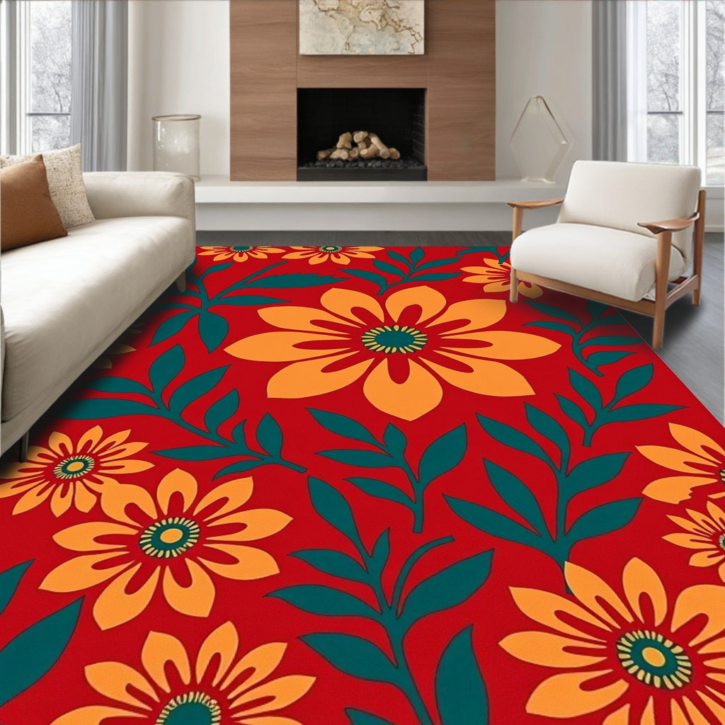 Bold Floral Pattern On Red Background Rug