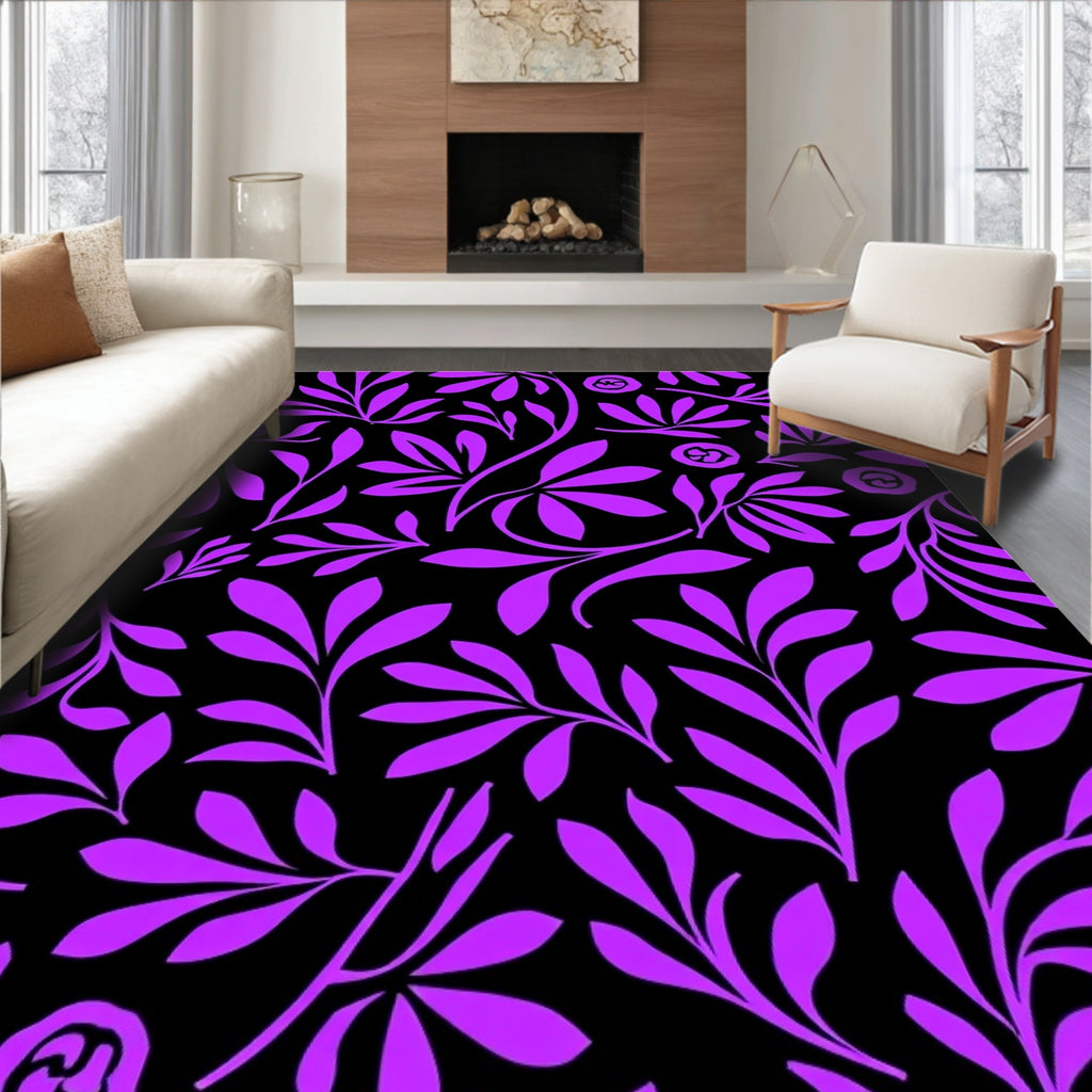 Bold Purple Floral Branch Pattern Rug