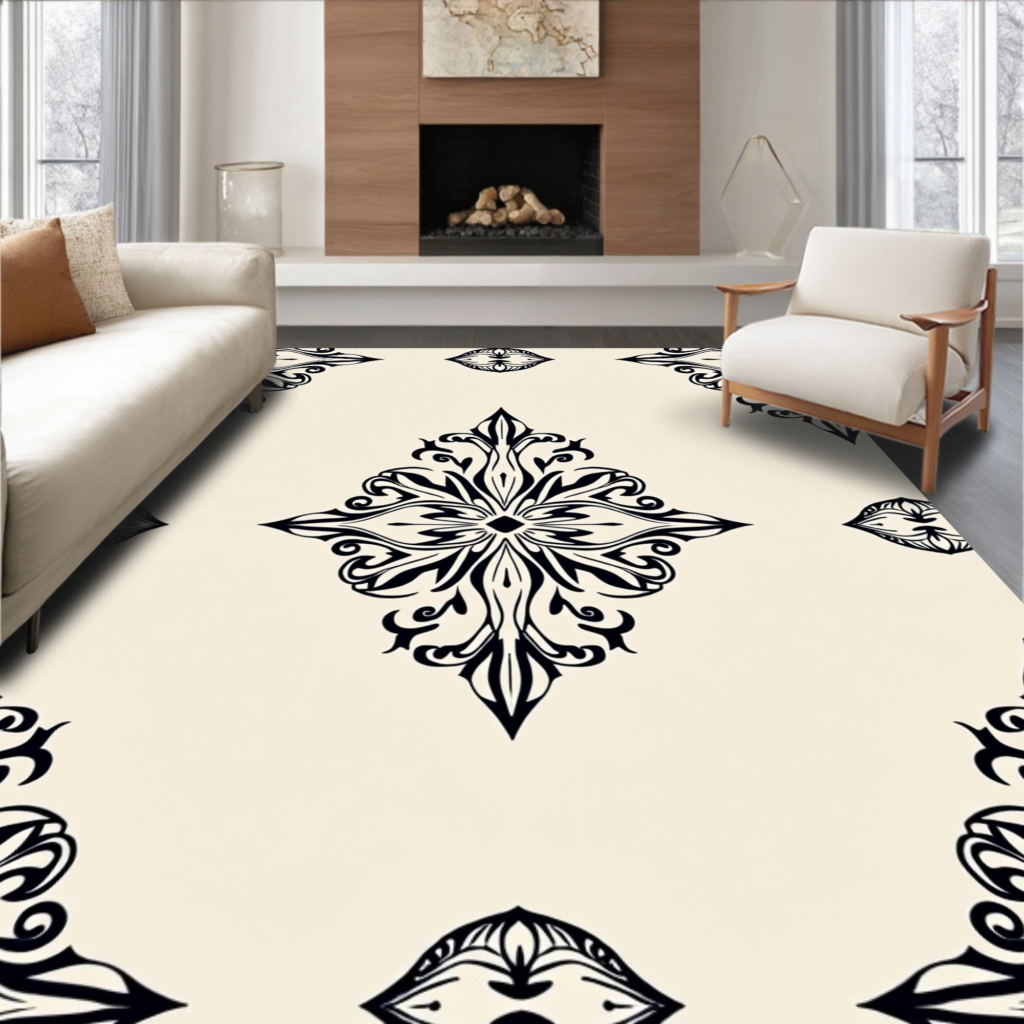 Elegant Black Ivory Damask Pattern Rug