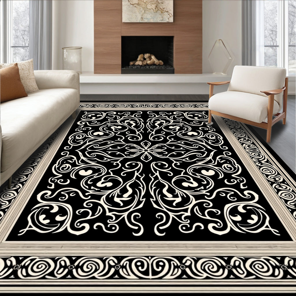 Ornate Black Cream Scrollwork Design Rug