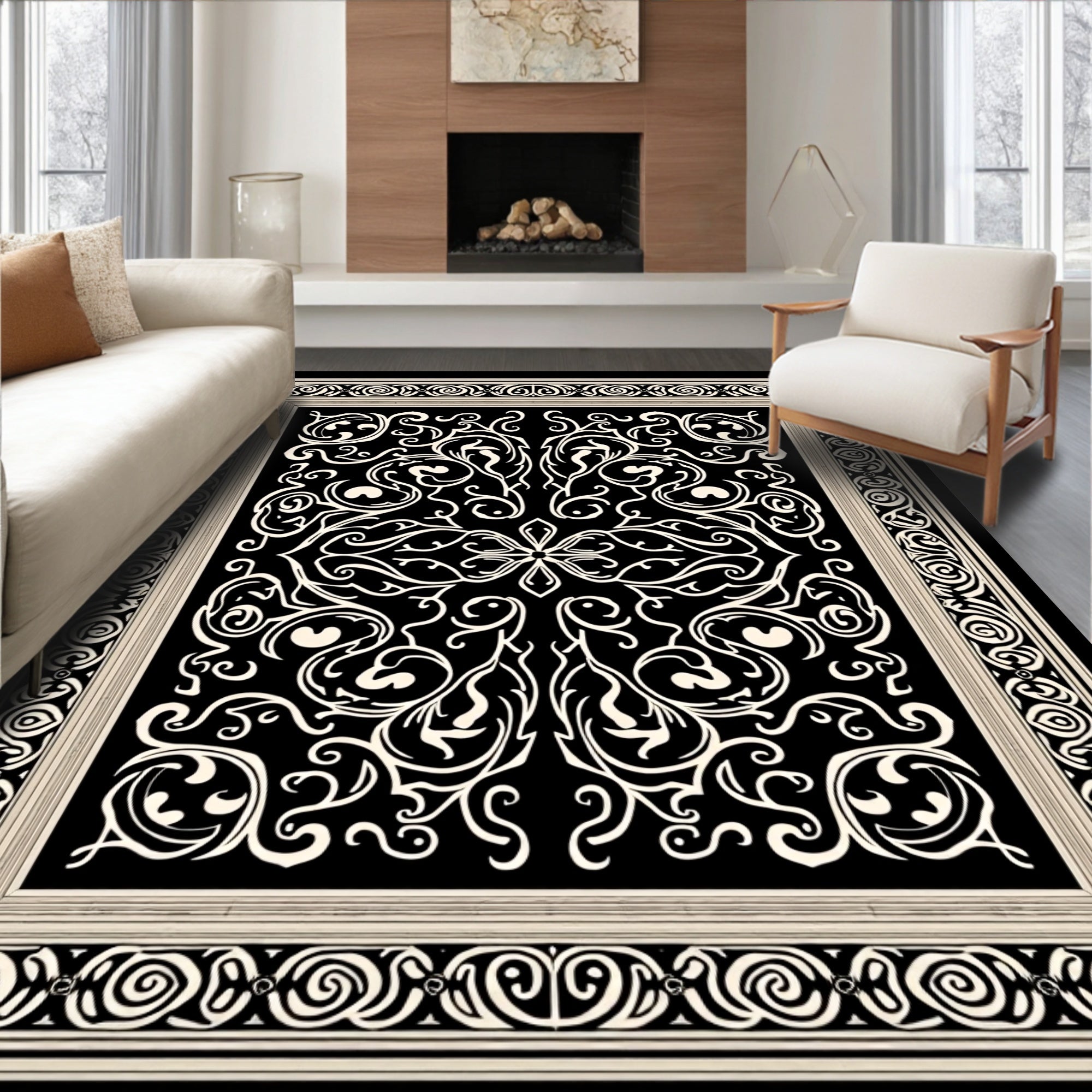 Ornate Black Cream Scrollwork Design Rug