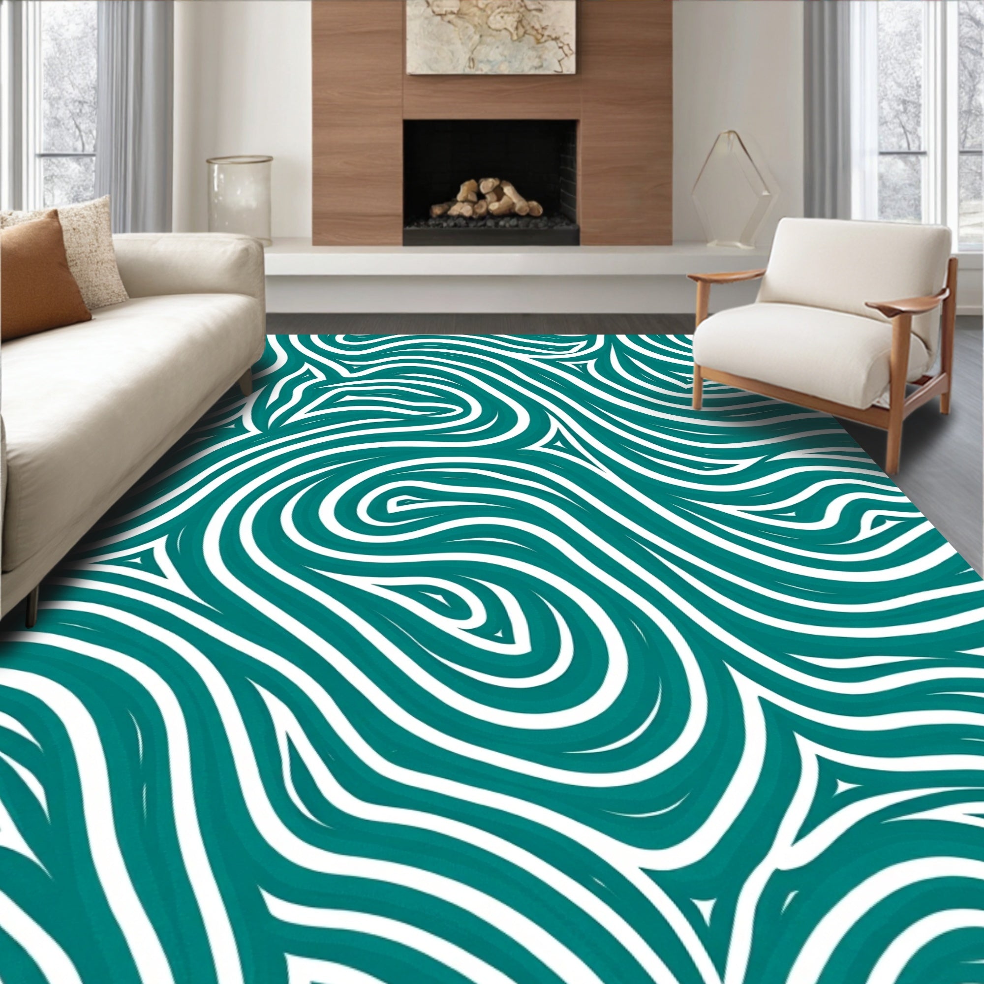 Teal and White Swirl Pattern Rug