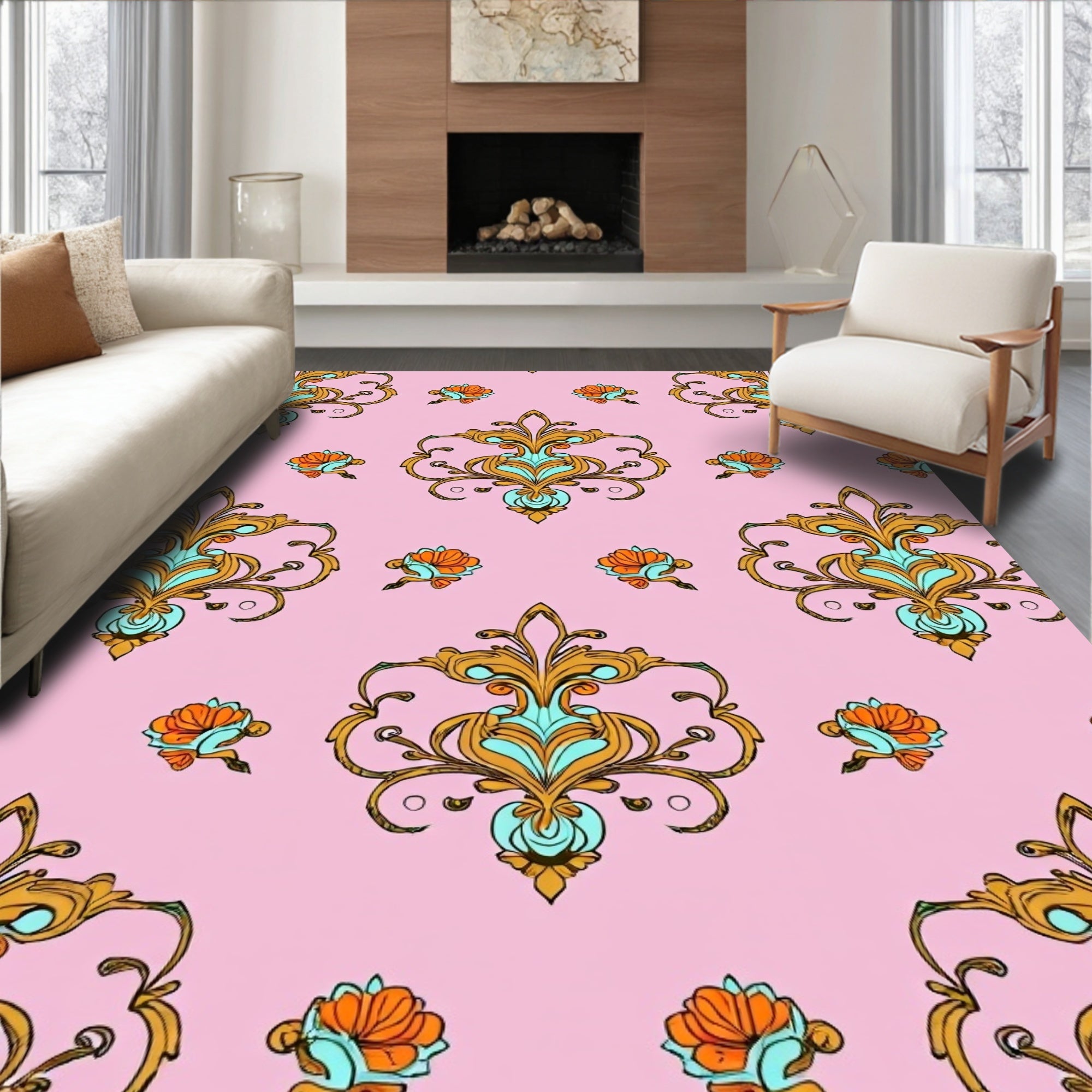 Pink Ornate Floral Gold Turquoise Pattern Rug