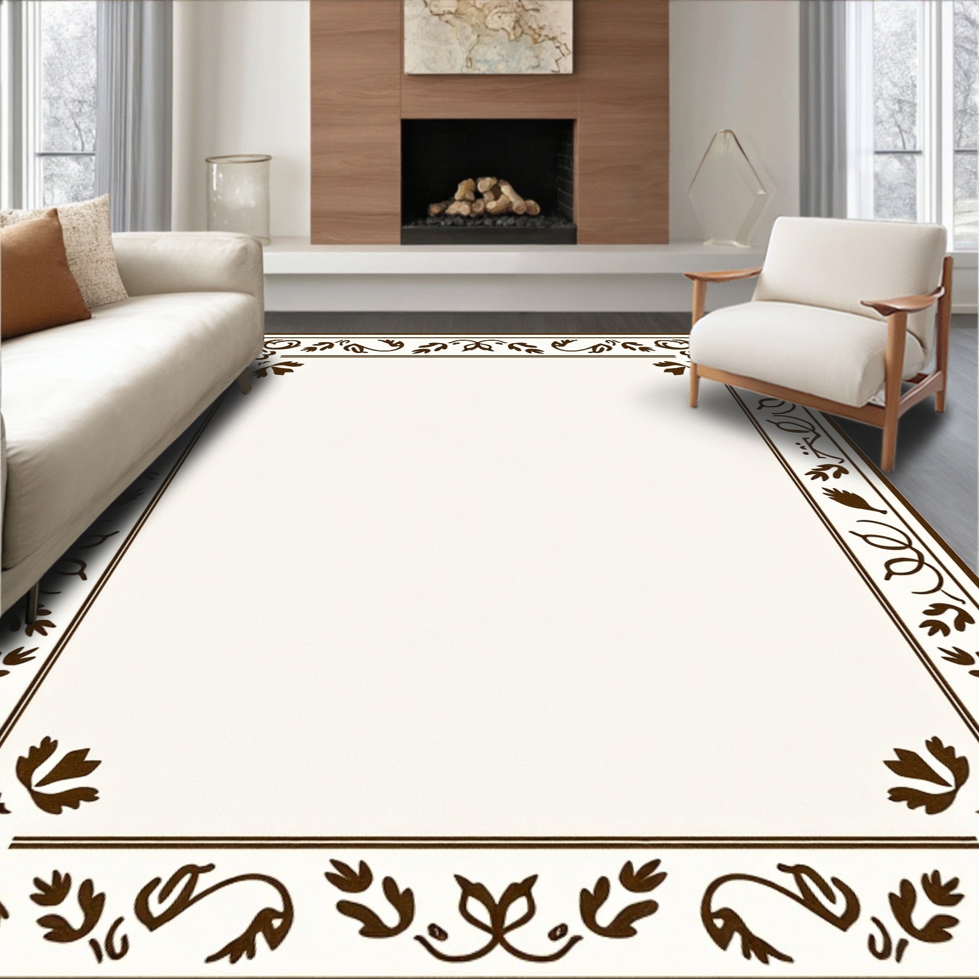 Classic Floral Border With Leaf Accents Rug