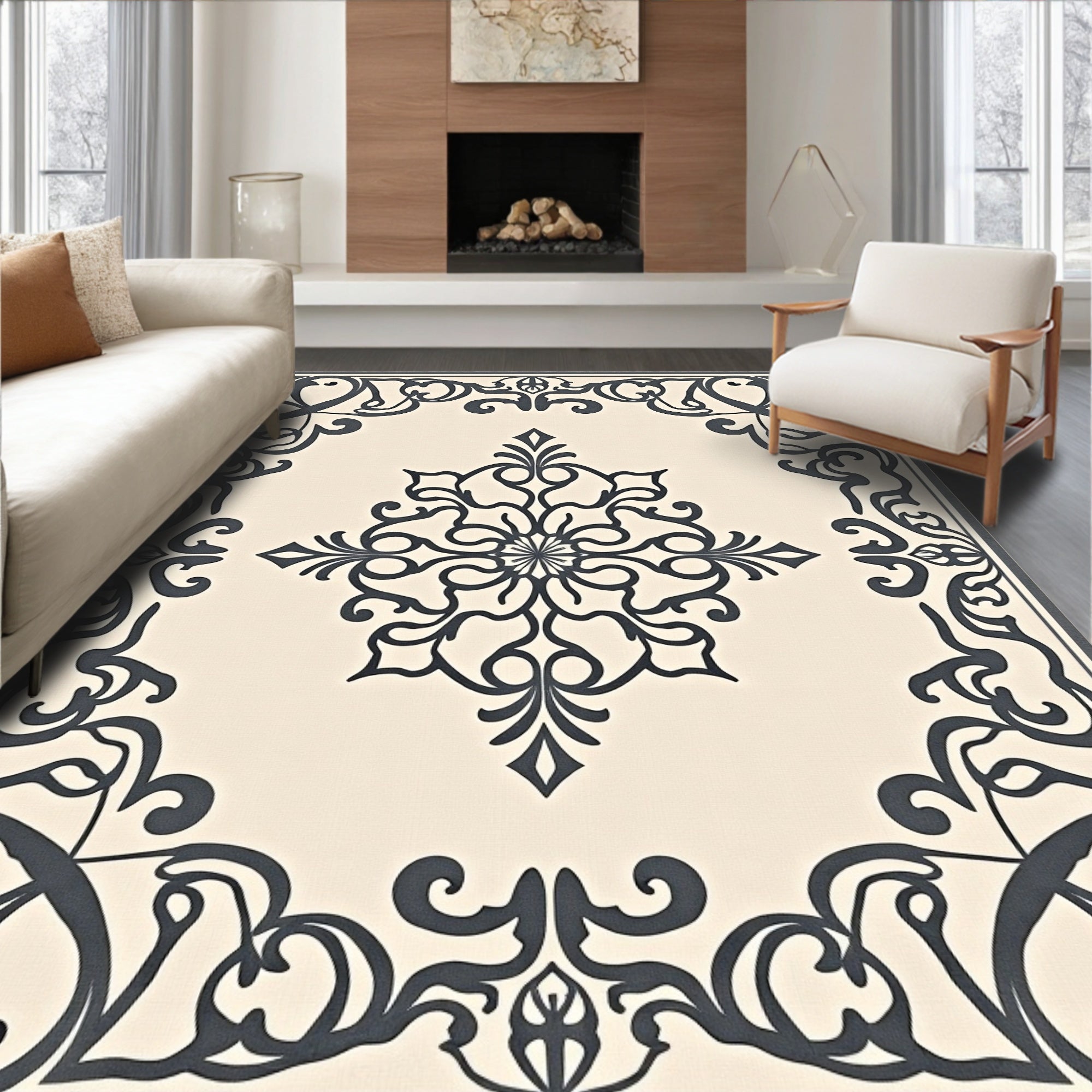 Ornate Scrollwork Medallion Pattern Rug