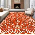 Elegant Red White Ornate Swirl Rug