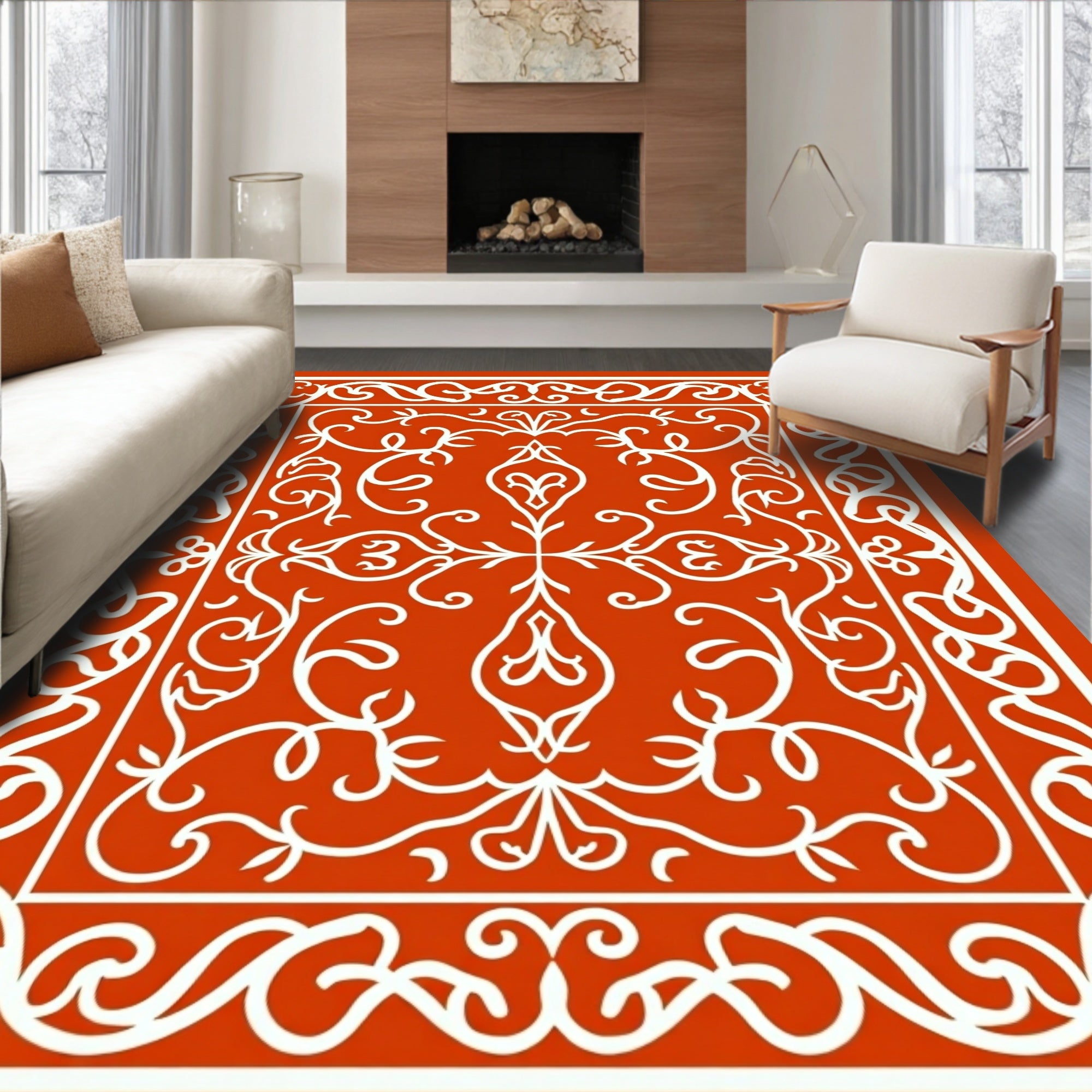 Elegant Red White Ornate Swirl Rug