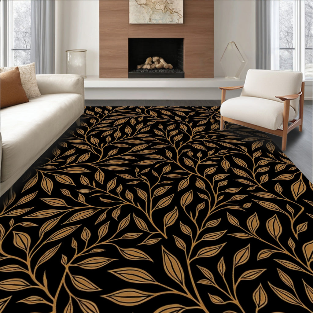Elegant Gold Leaf Branch Pattern Rug