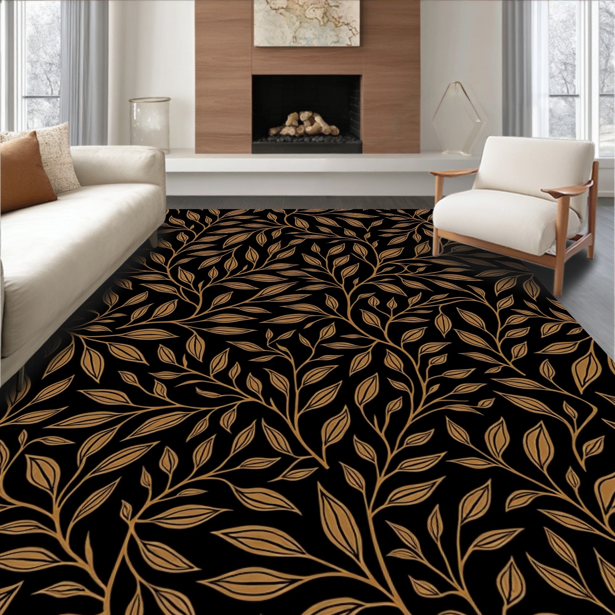 Elegant Gold Leaf Branch Pattern Rug