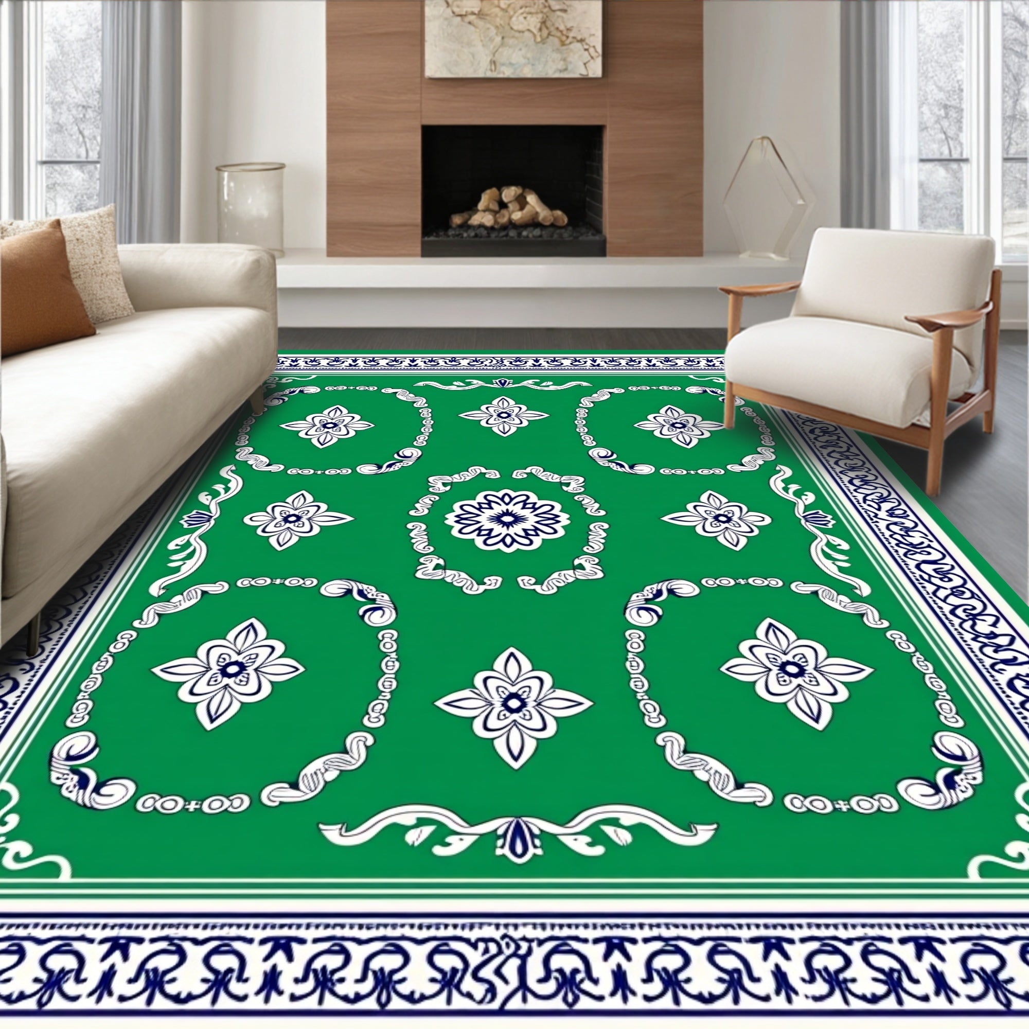 Green Floral Medallion Border Design Rug