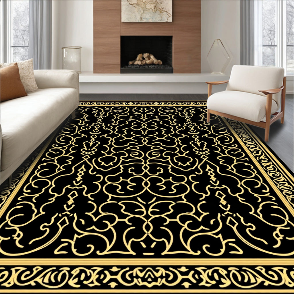 Black And Yellow Intricate Floral Design Rug