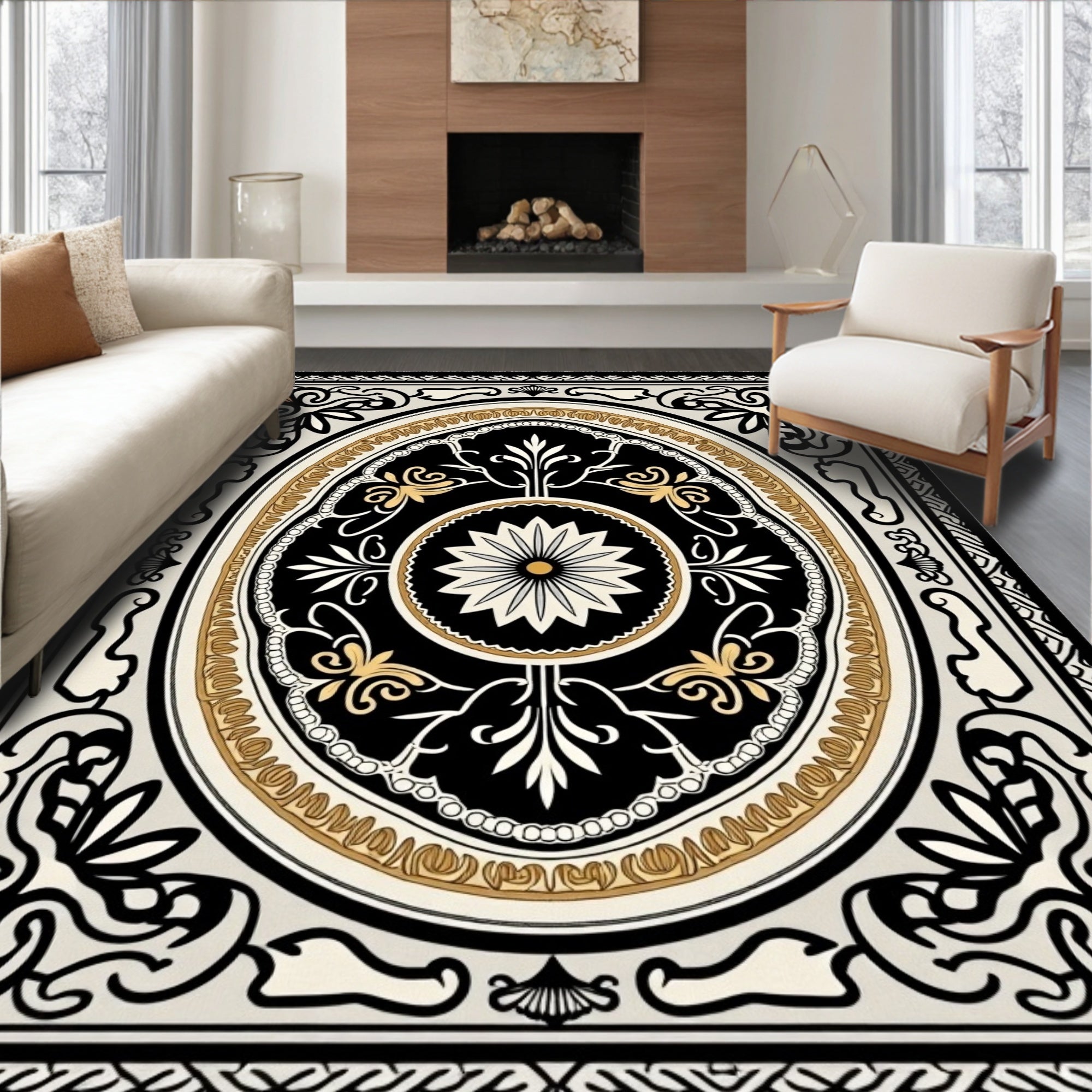 Ornate Floral Black Gold Cream Rug