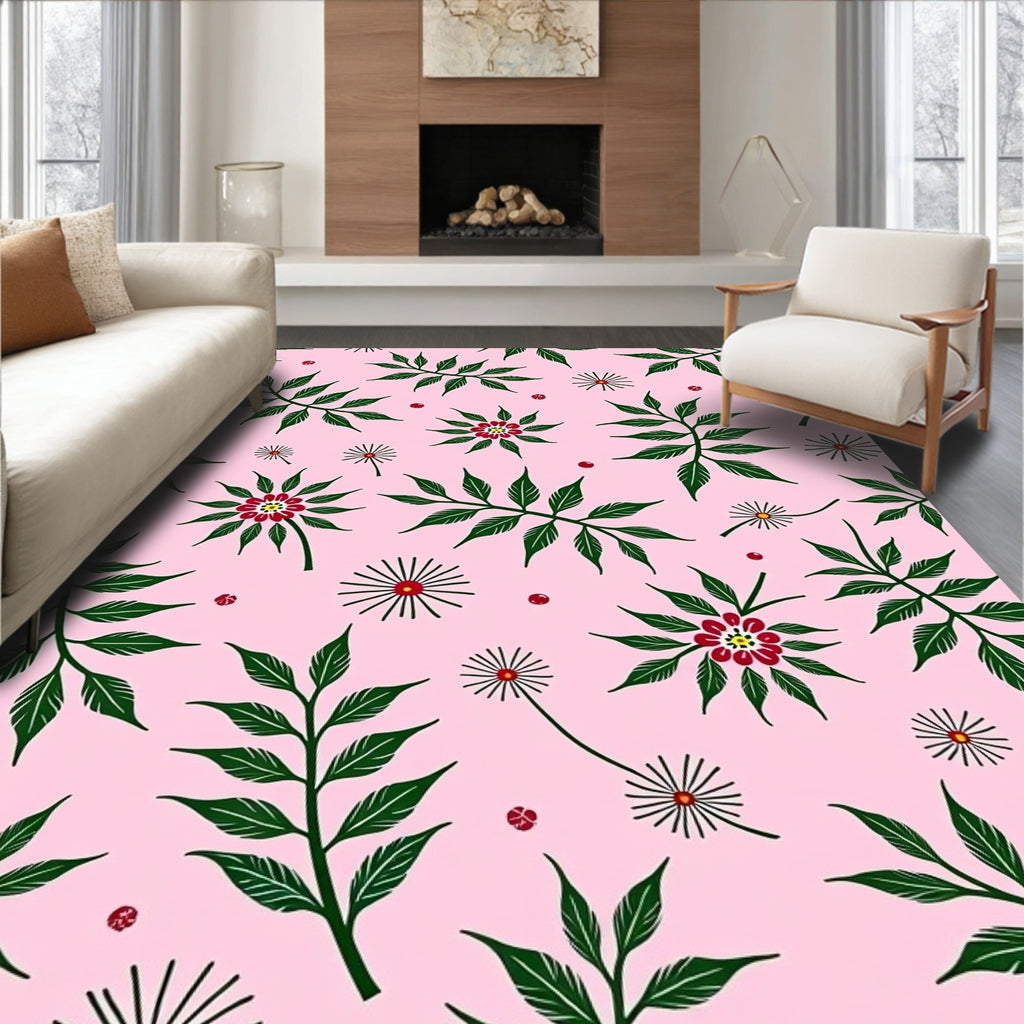Pink Green Foliage Flower Medallion Rug