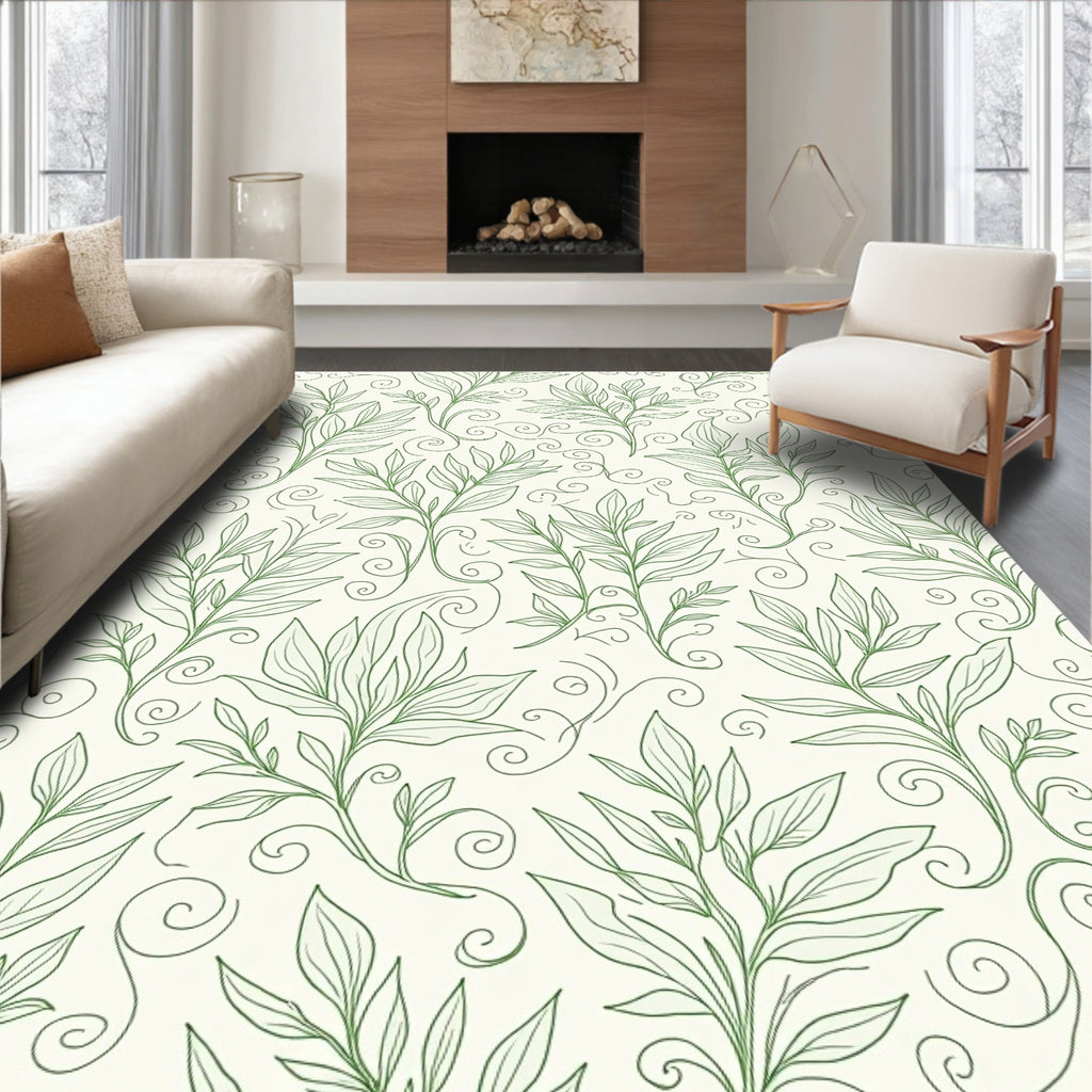 Delicate Green Leaf Vine Scroll Pattern Rug