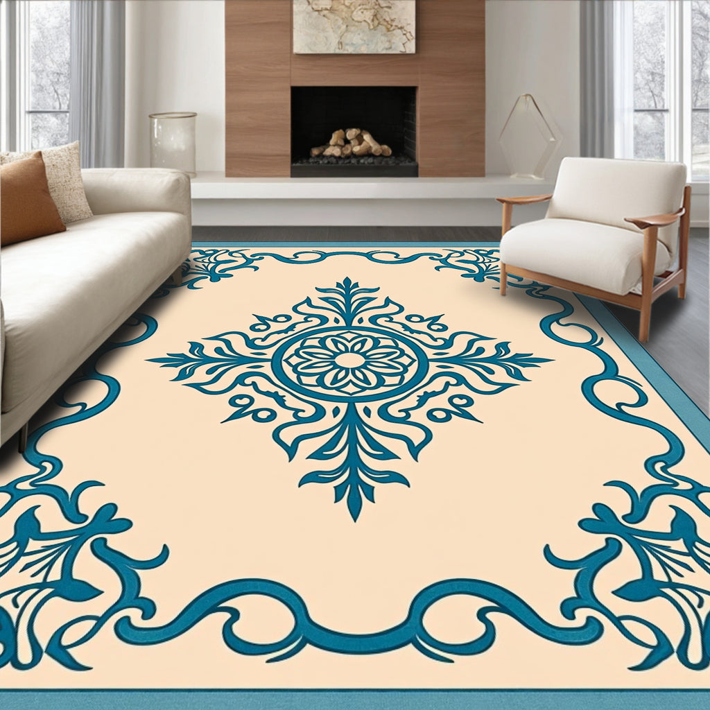 Teal Floral Art Deco Pattern Rug