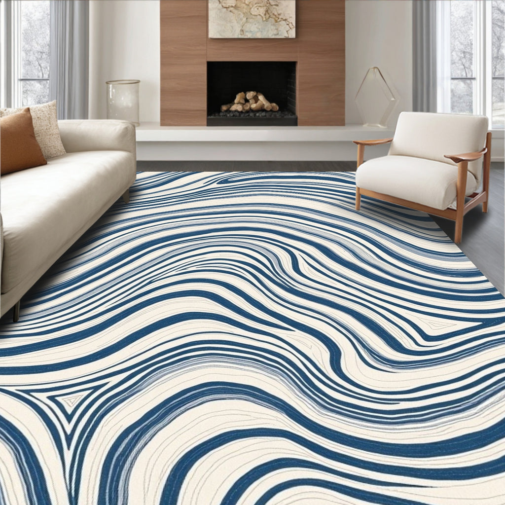 Abstract Blue Cream Swirl Pattern Rug