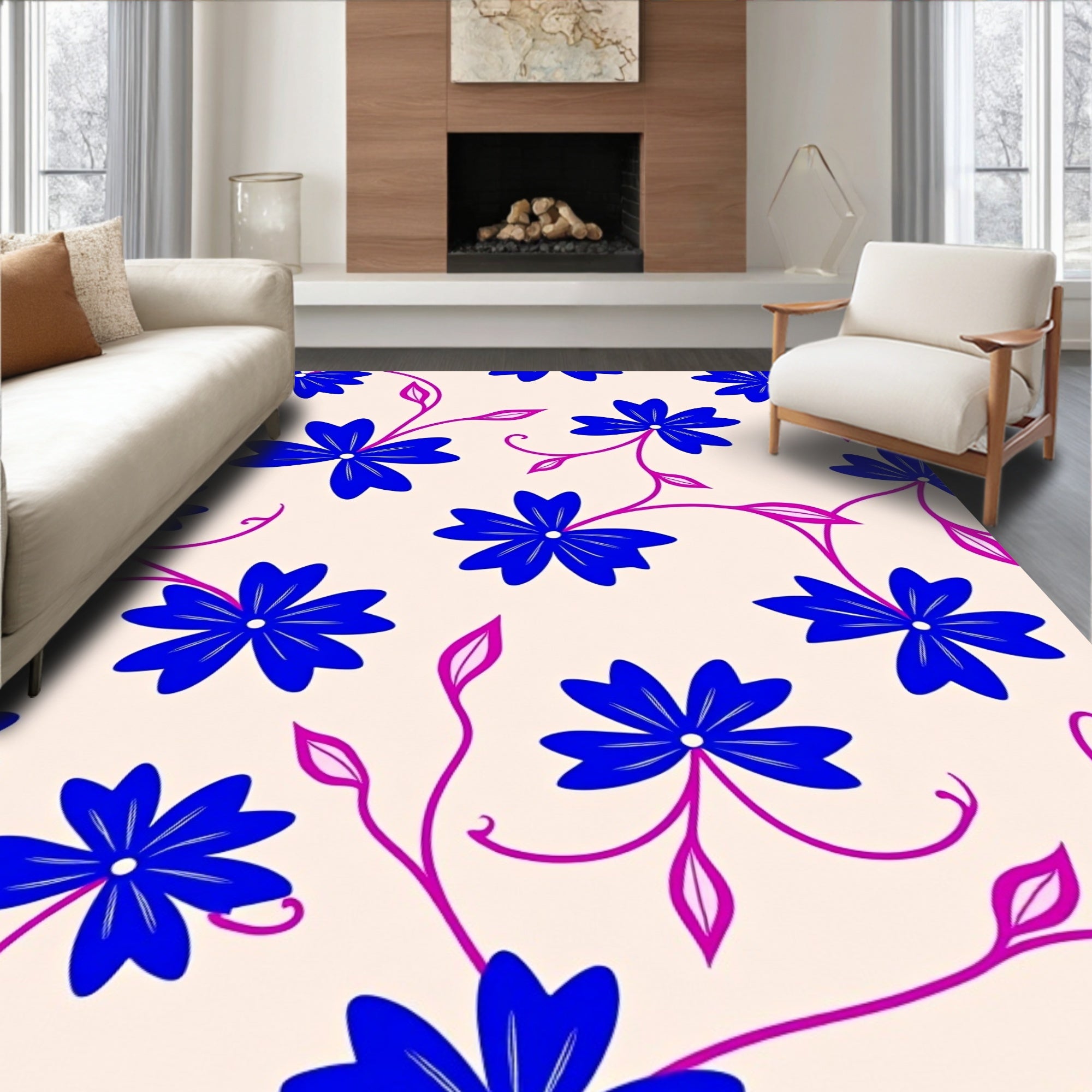 Elegant Blue Floral Vine Pattern Rug