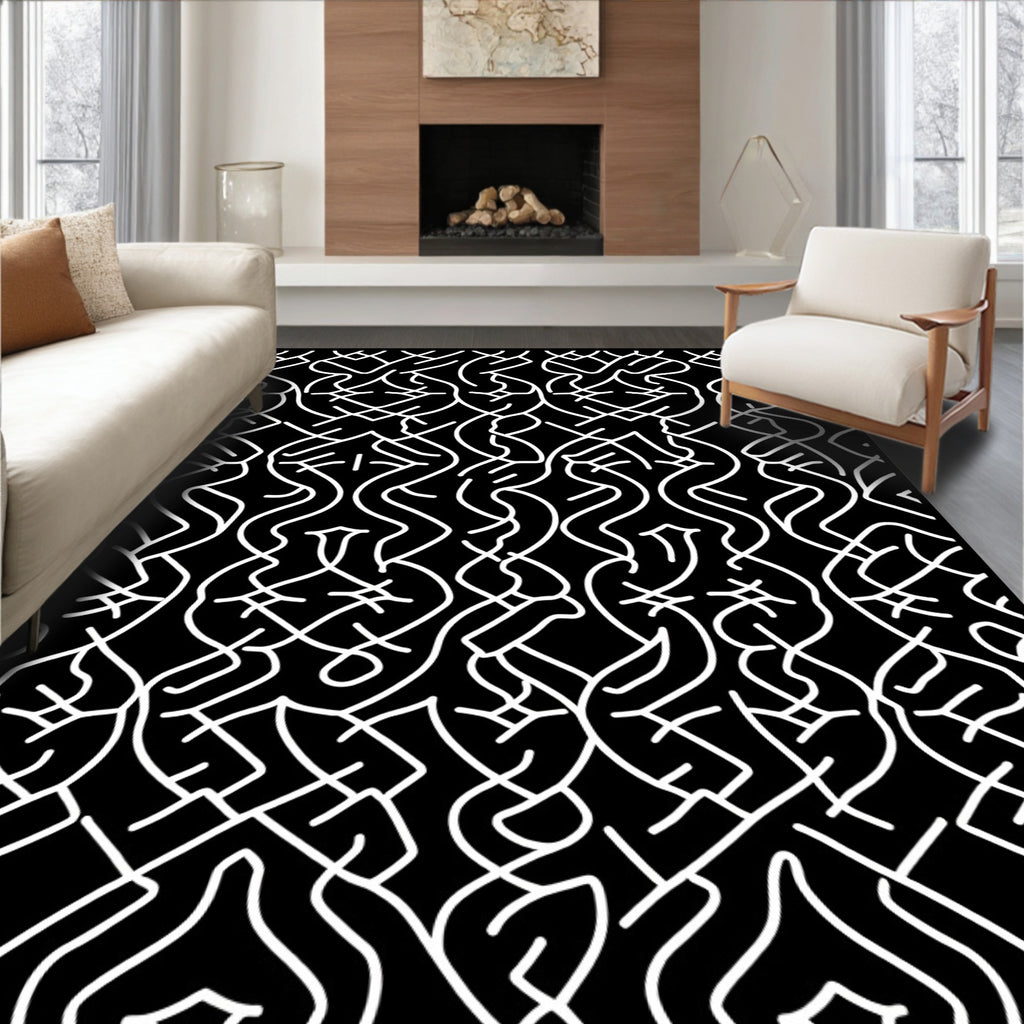 Abstract Black White Intertwined Pattern Rug