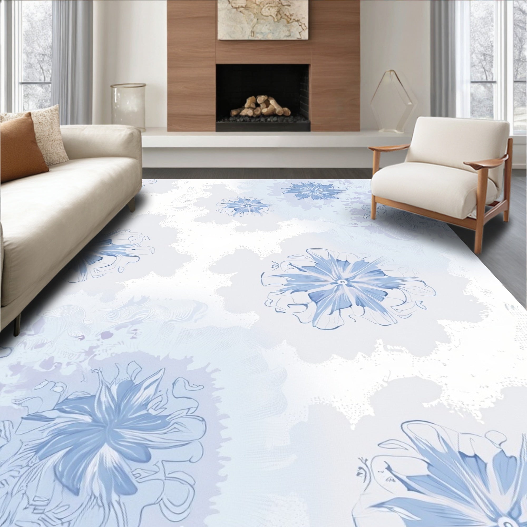 Light Blue Floral Abstract Pattern Rug
