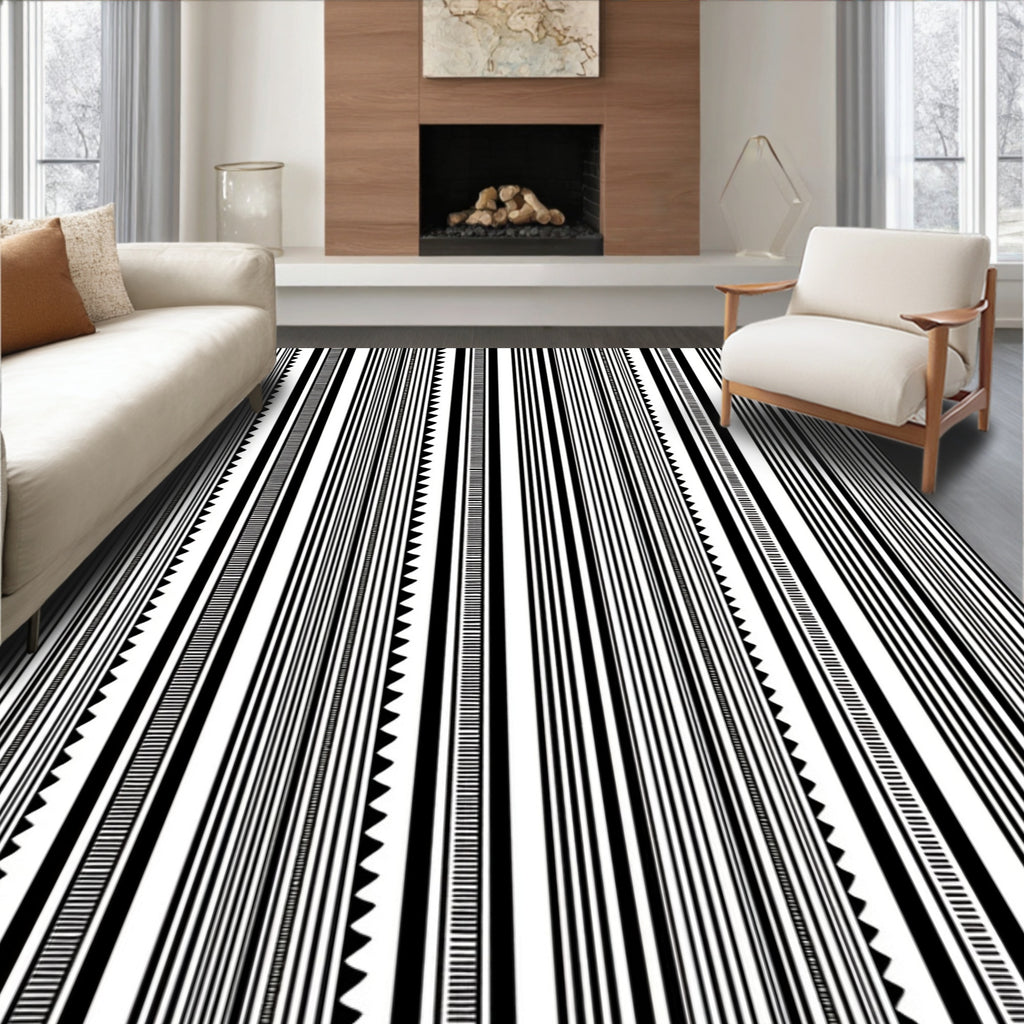 Abstract Black White Vertical Line Pattern Rug