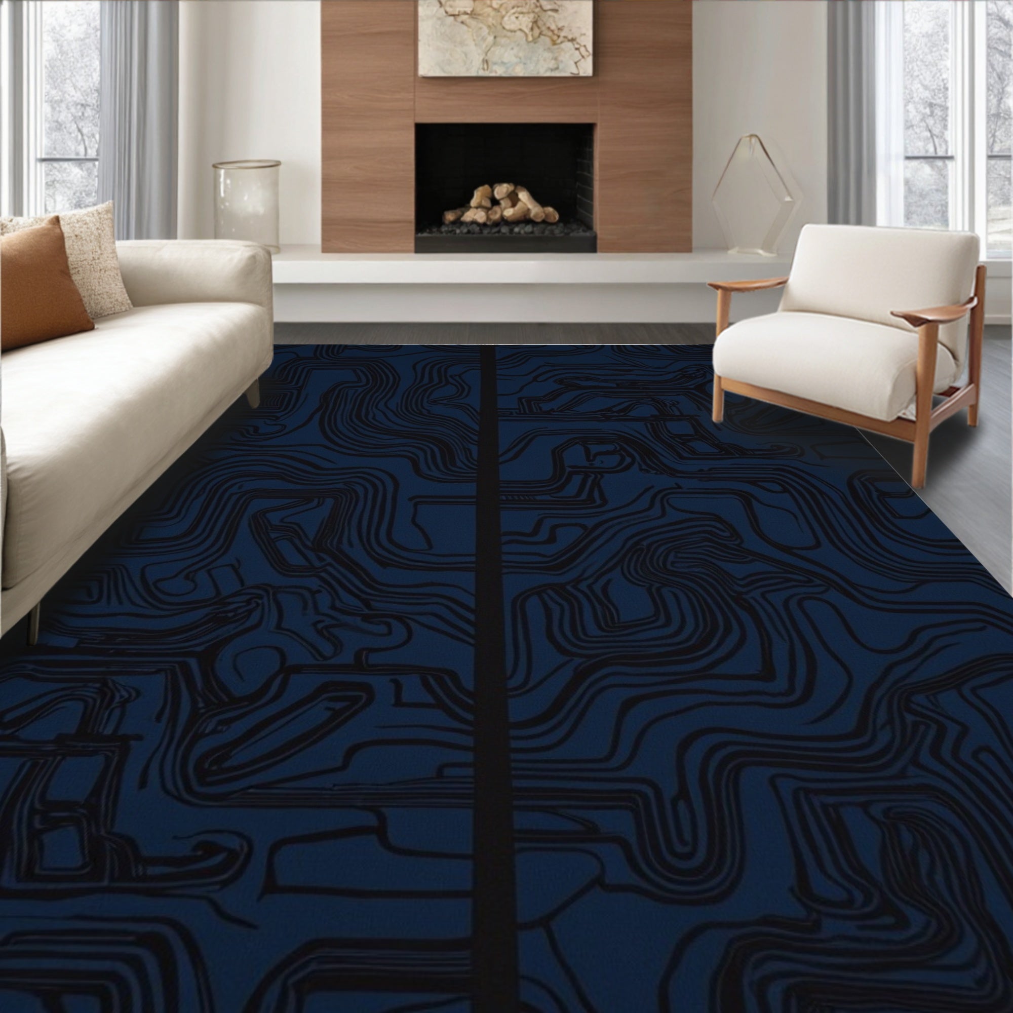 Navy Abstract Line Art Rug