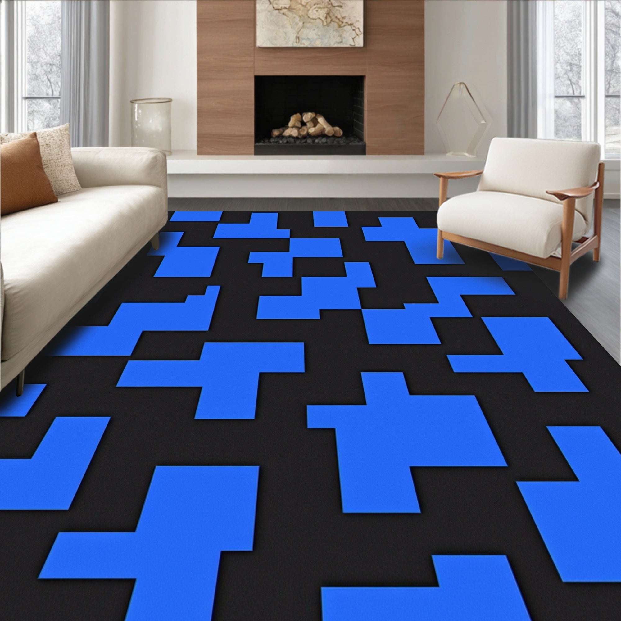 Abstract Blue Black Geometric Pattern Rug