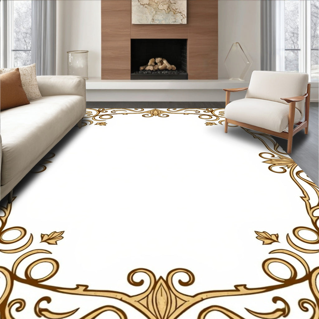 Ornate Golden Scroll Floral Border Rug